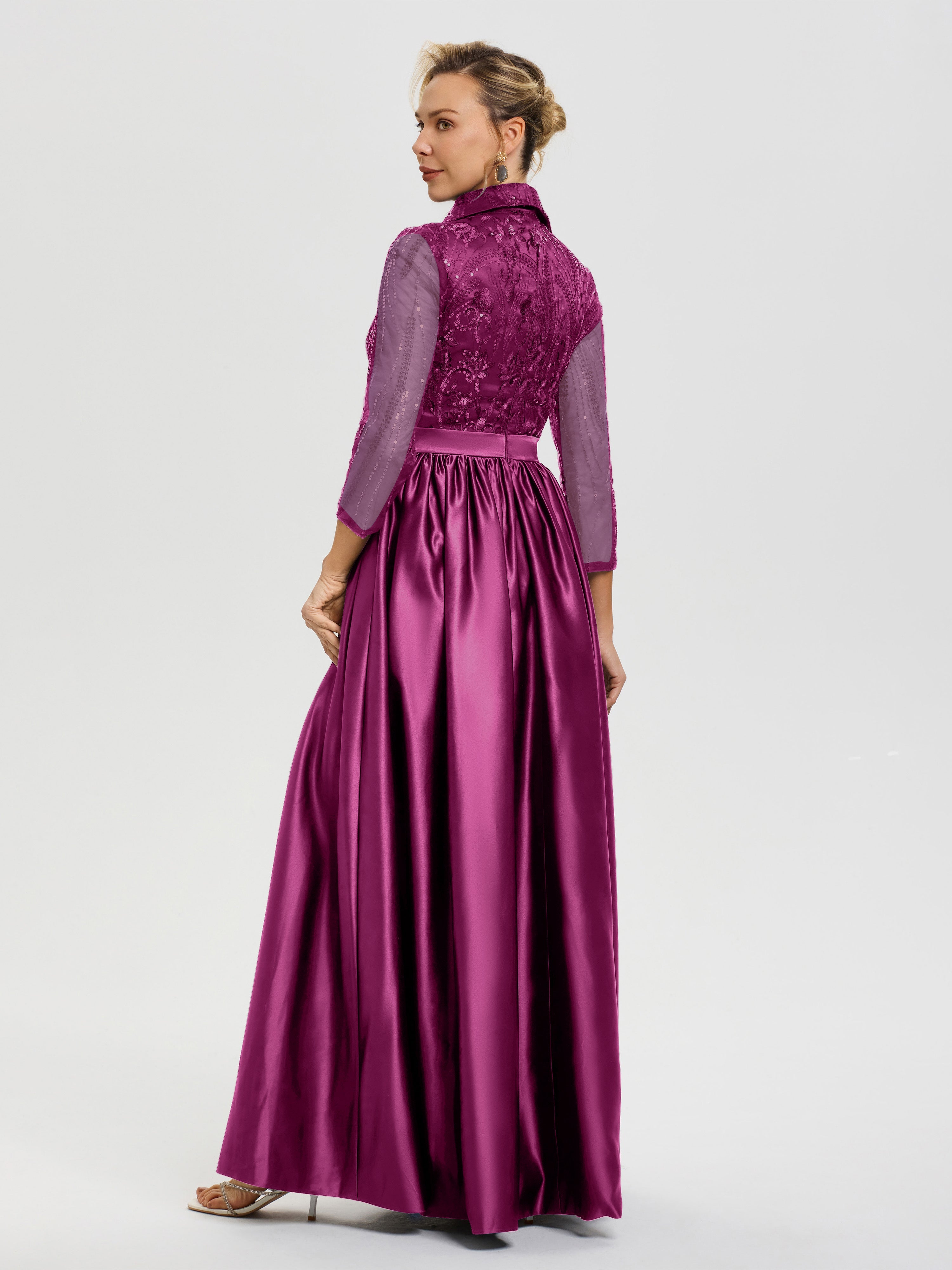 Robe De Mère De Mariée Orchidée Col V Satin & Dentelle Robe Mariage Mère De La Mariée