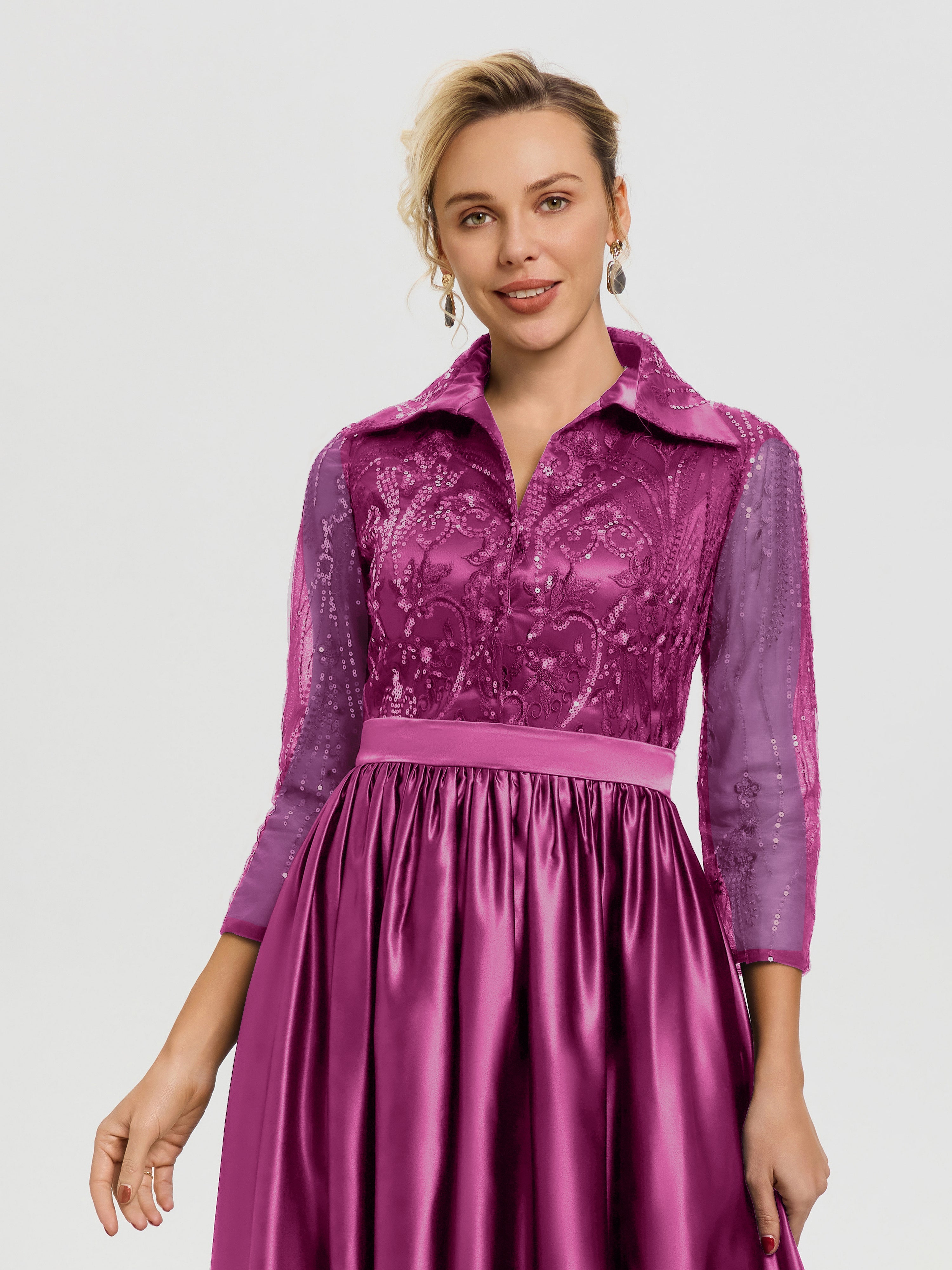 Robe De Mère De Mariée Orchidée Col V Satin & Dentelle Robe Mariage Mère De La Mariée