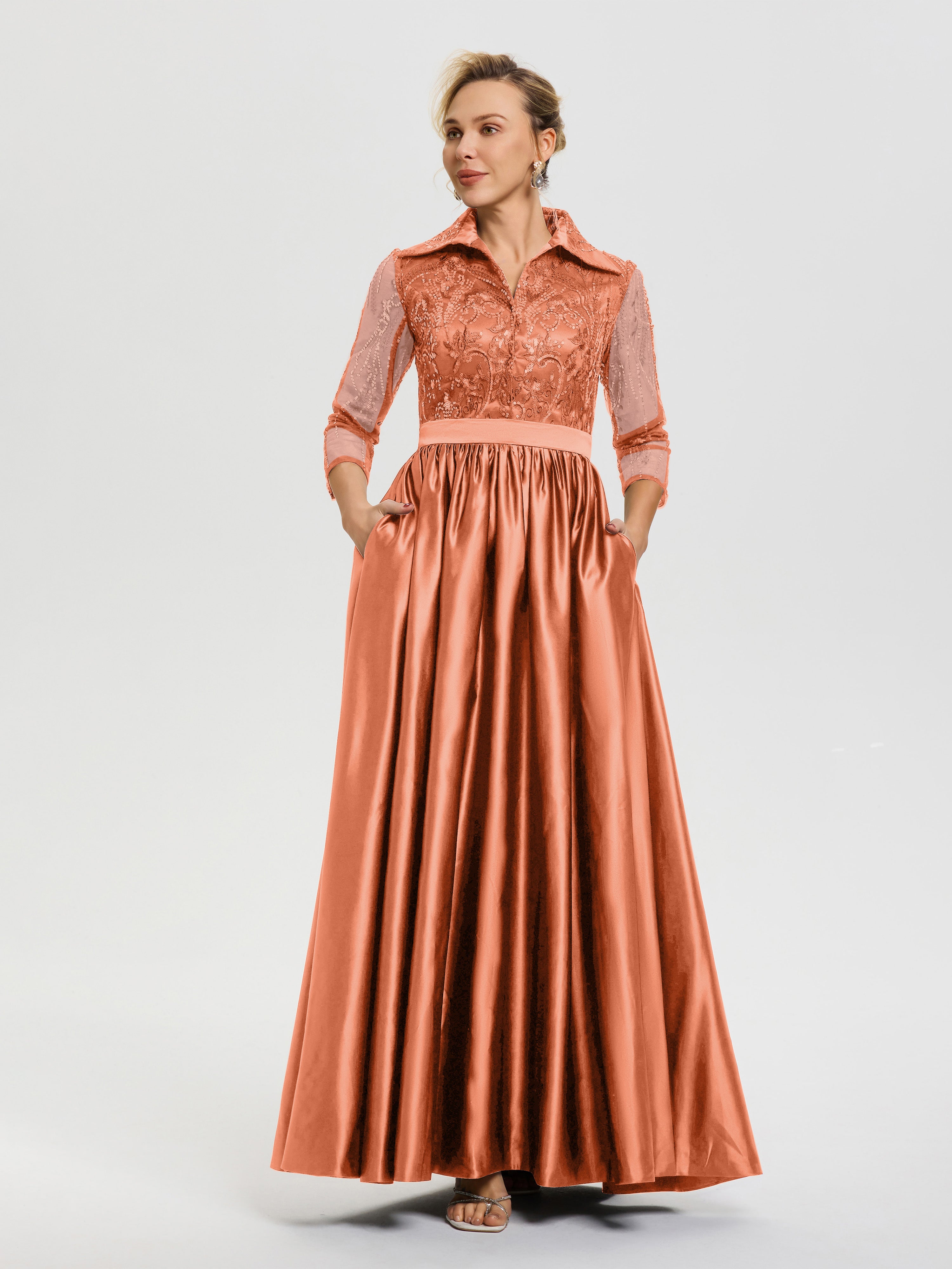 Robe De Mère De Mariée Papaye Col V Satin & Dentelle Robe Mariage Mère De La Mariée