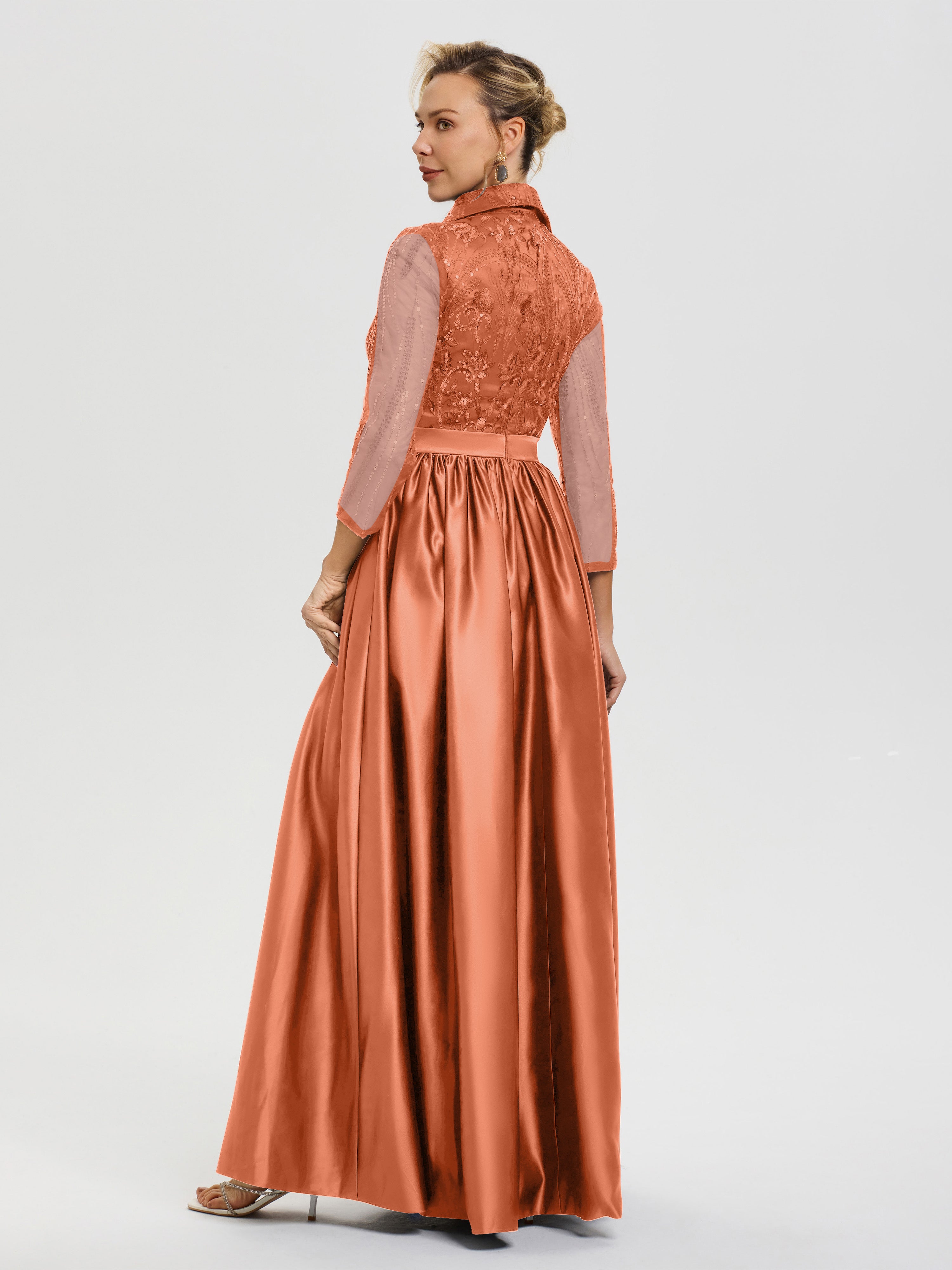 Robe De Mère De Mariée Papaye Col V Satin & Dentelle Robe Mariage Mère De La Mariée