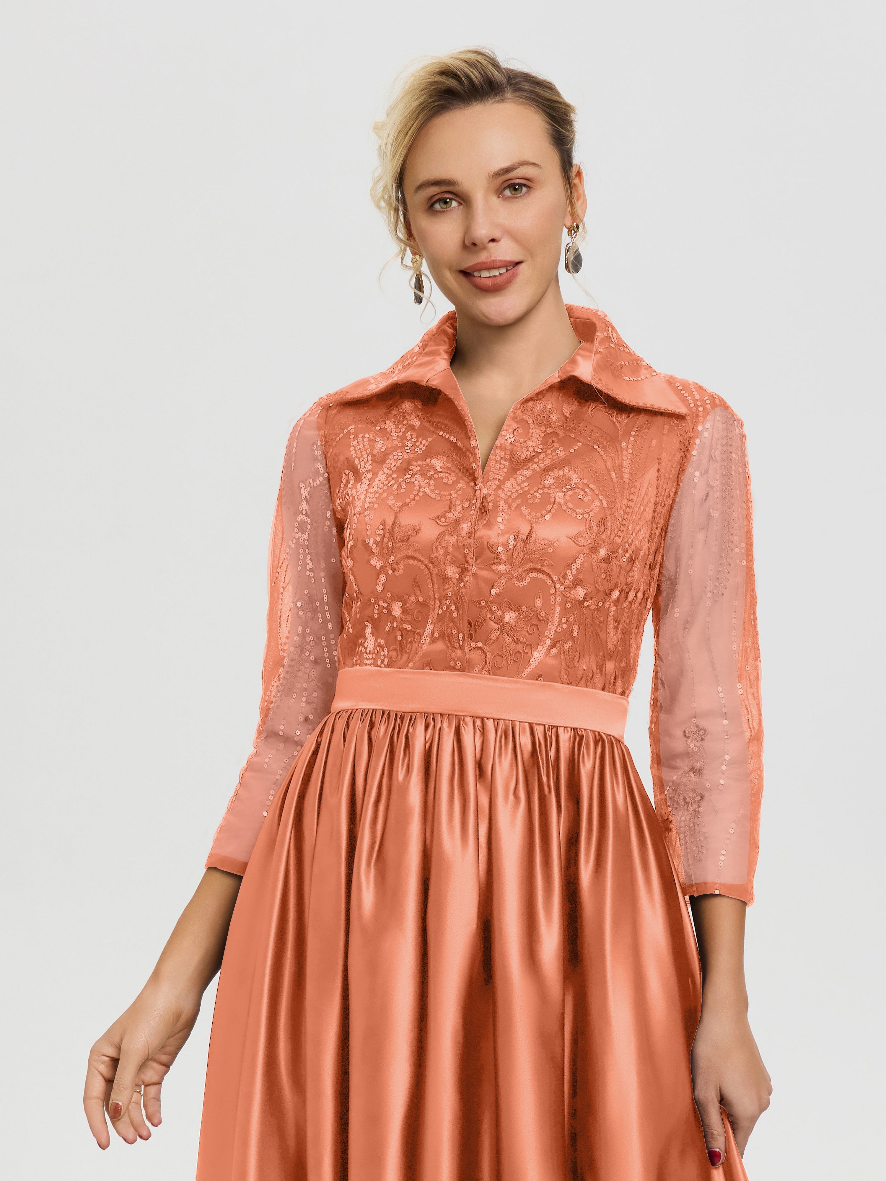 Robe De Mère De Mariée Papaye Col V Satin & Dentelle Robe Mariage Mère De La Mariée