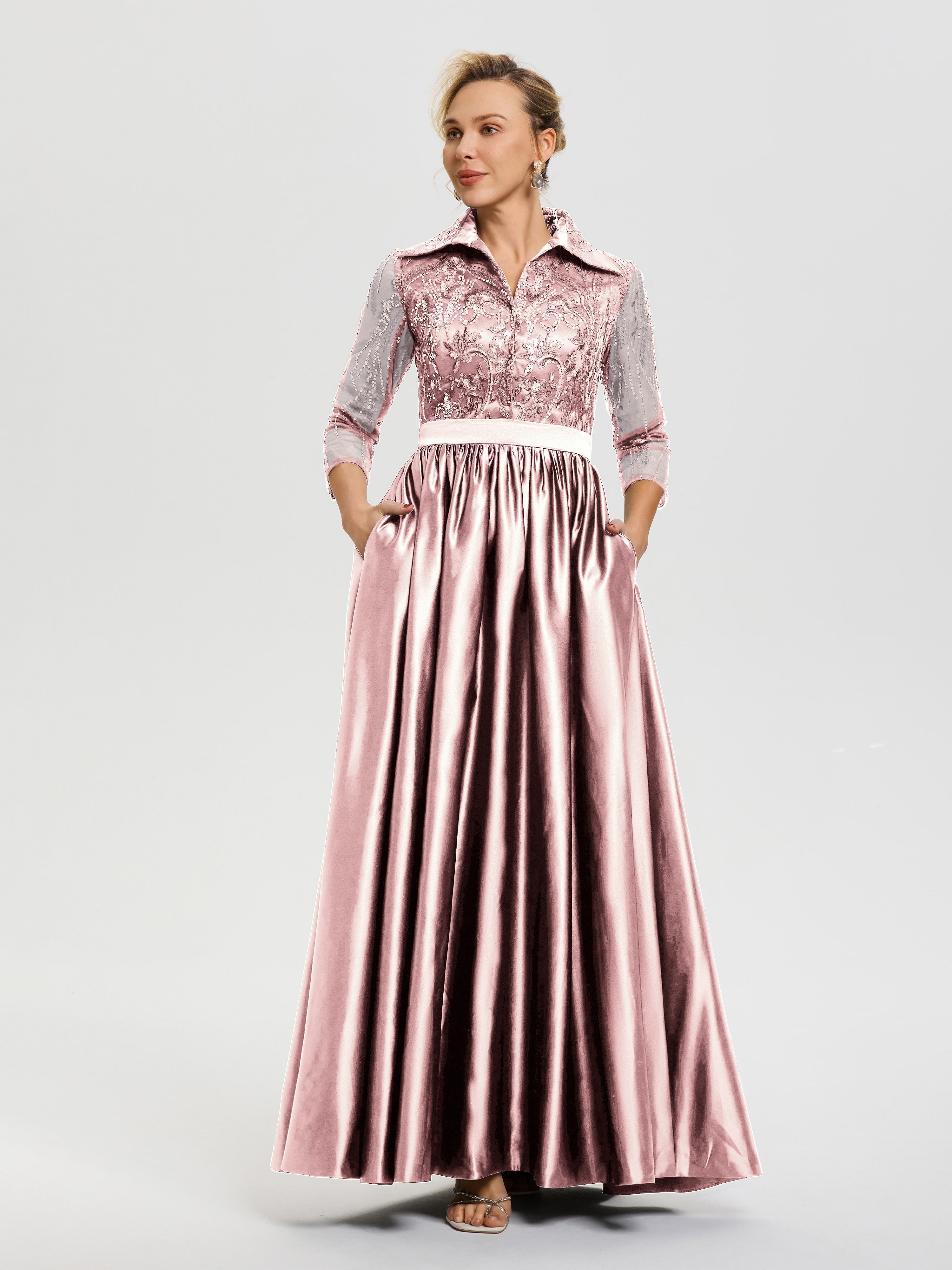 Robe De Mère De Mariée Rose Perle Col V Satin & Dentelle Robe Mariage Mère De La Mariée