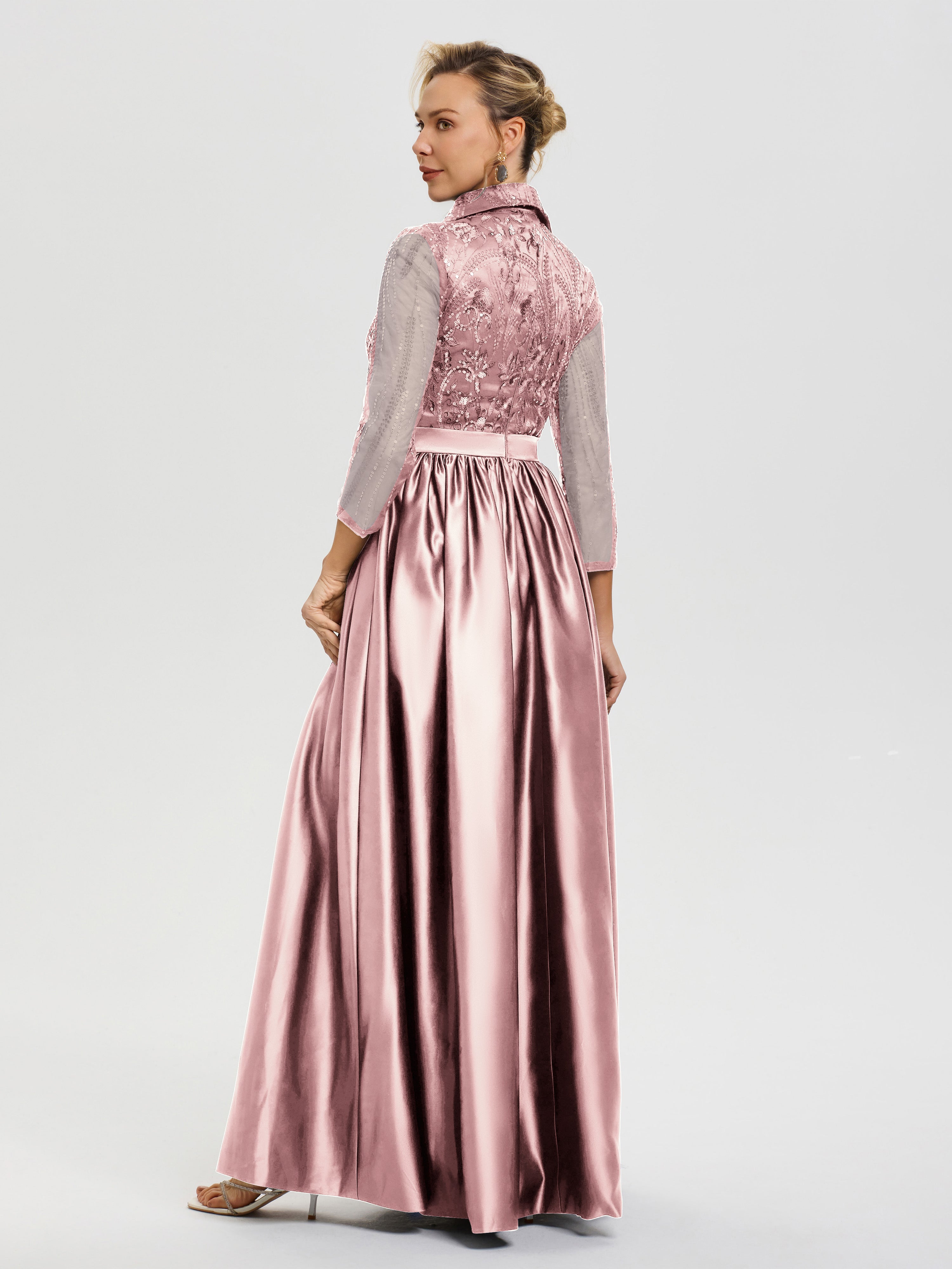 Robe De Mère De Mariée Rose Perle Col V Satin & Dentelle Robe Mariage Mère De La Mariée