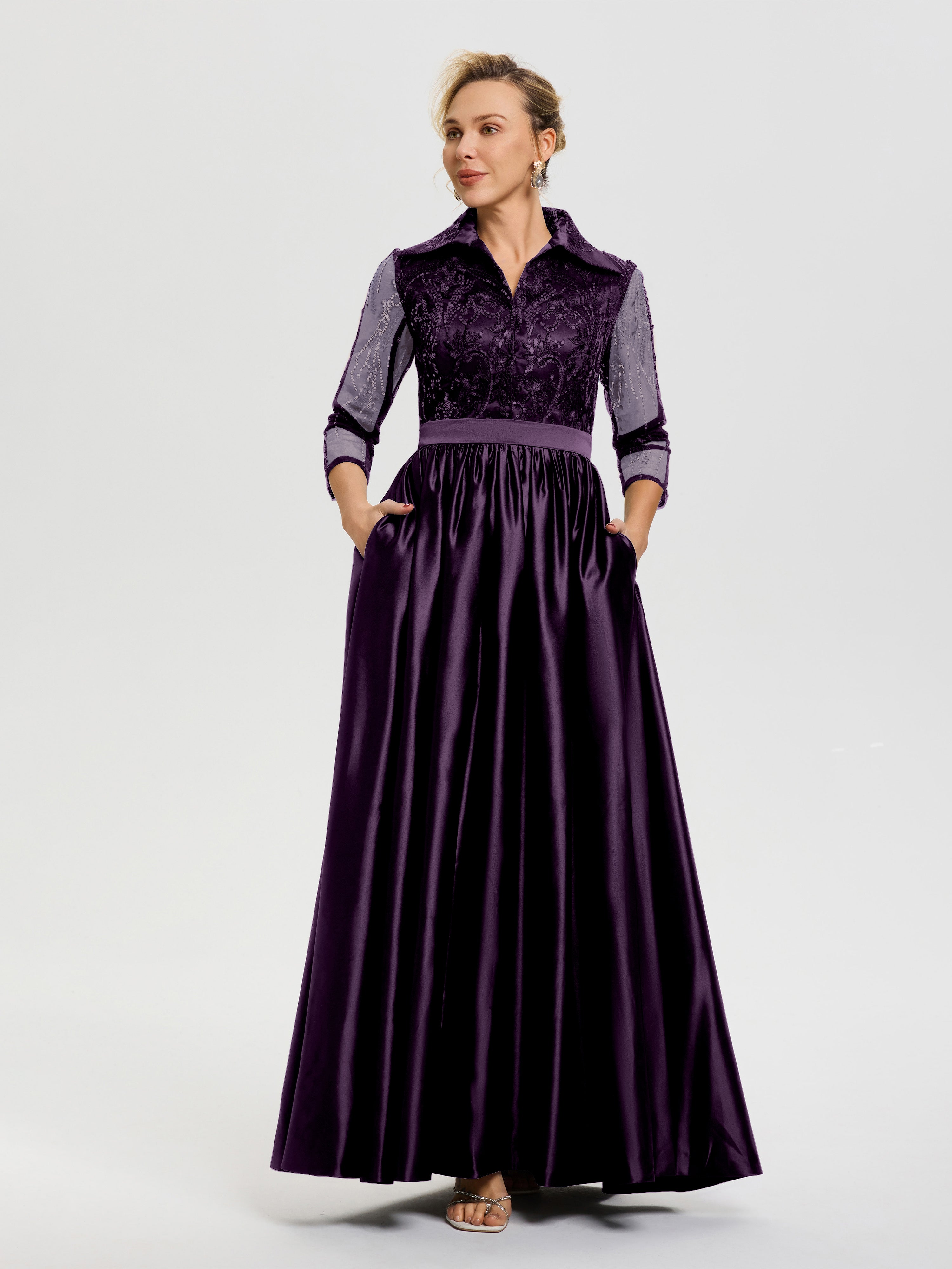Robe De Mère De Mariée Plum Col V Satin & Dentelle Robe Mariage Mère De La Mariée