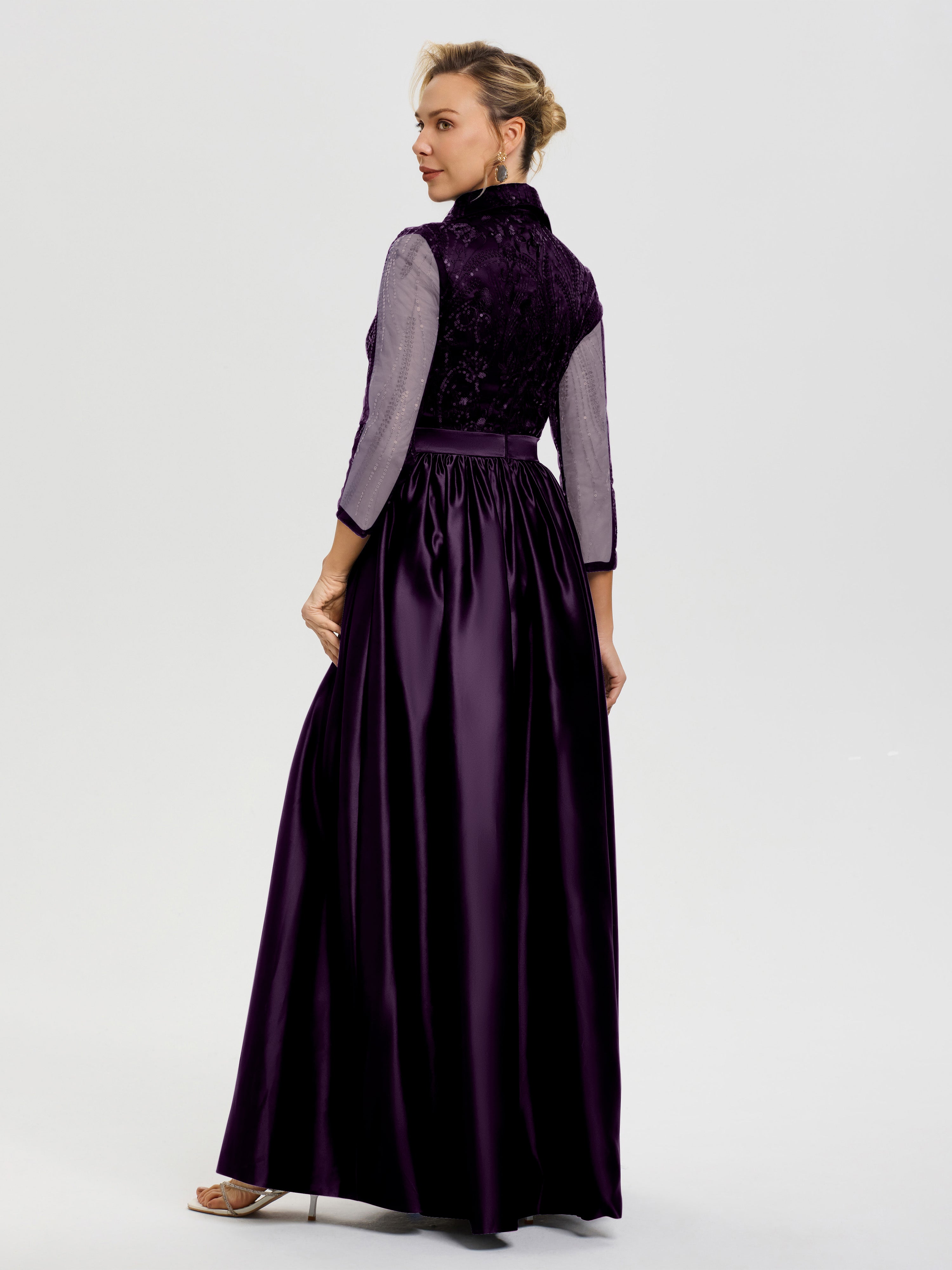 Robe De Mère De Mariée Plum Col V Satin & Dentelle Robe Mariage Mère De La Mariée