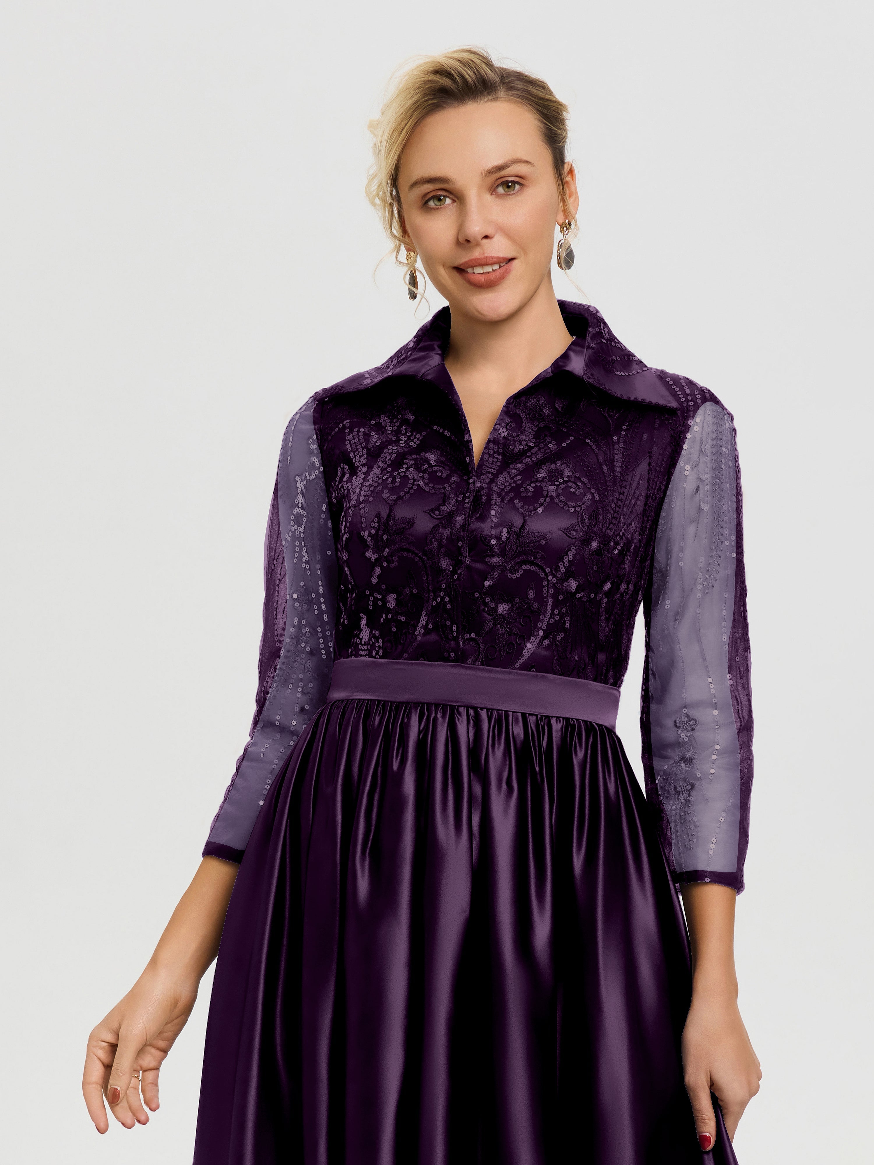 Robe De Mère De Mariée Plum Col V Satin & Dentelle Robe Mariage Mère De La Mariée