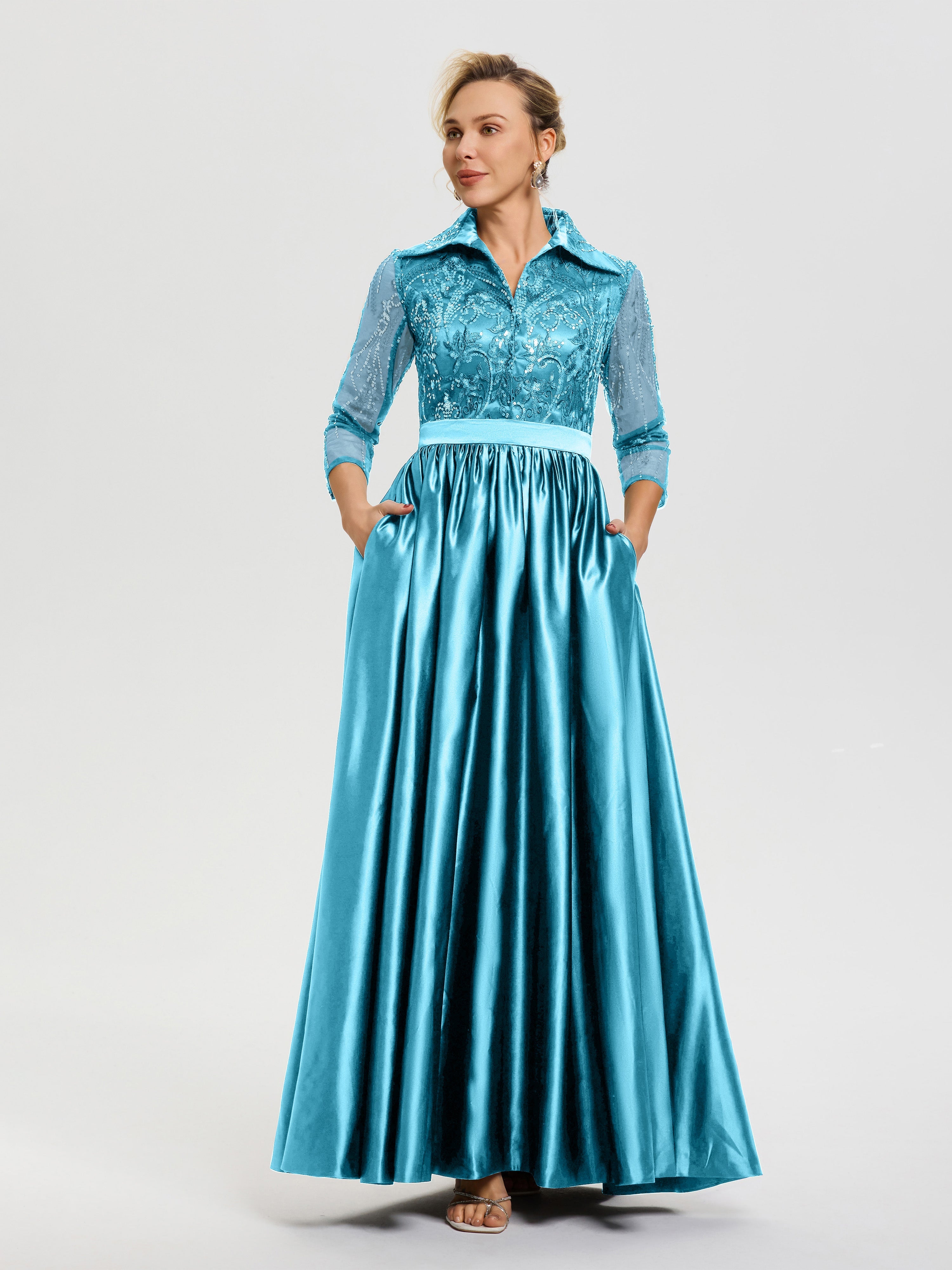 Robe De Mère De Mariée Piscine Col V Satin & Dentelle Robe Mariage Mère De La Mariée