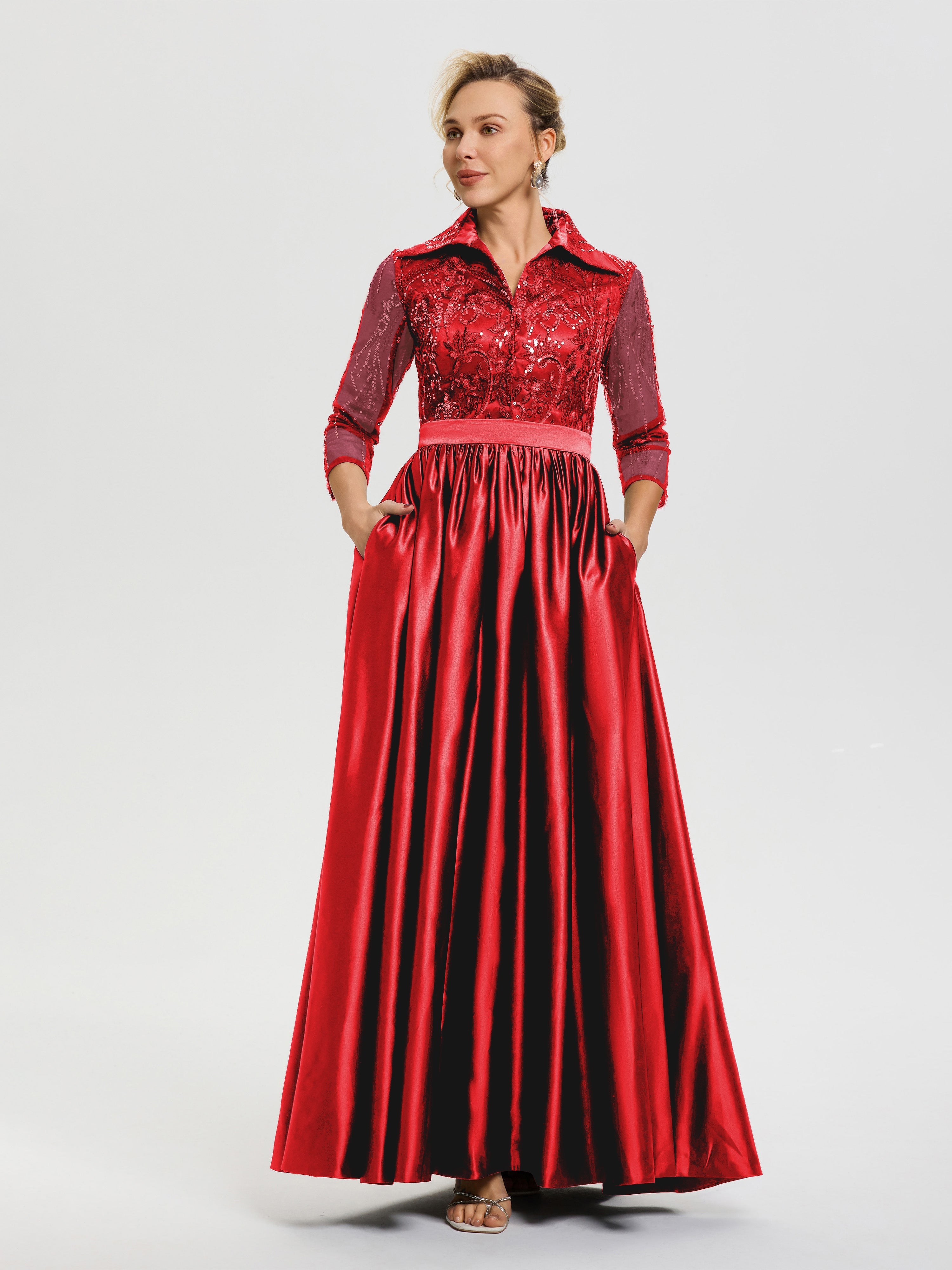 Robe De Mère De Mariée Rouge Col V Satin & Dentelle Robe Mariage Mère De La Mariée