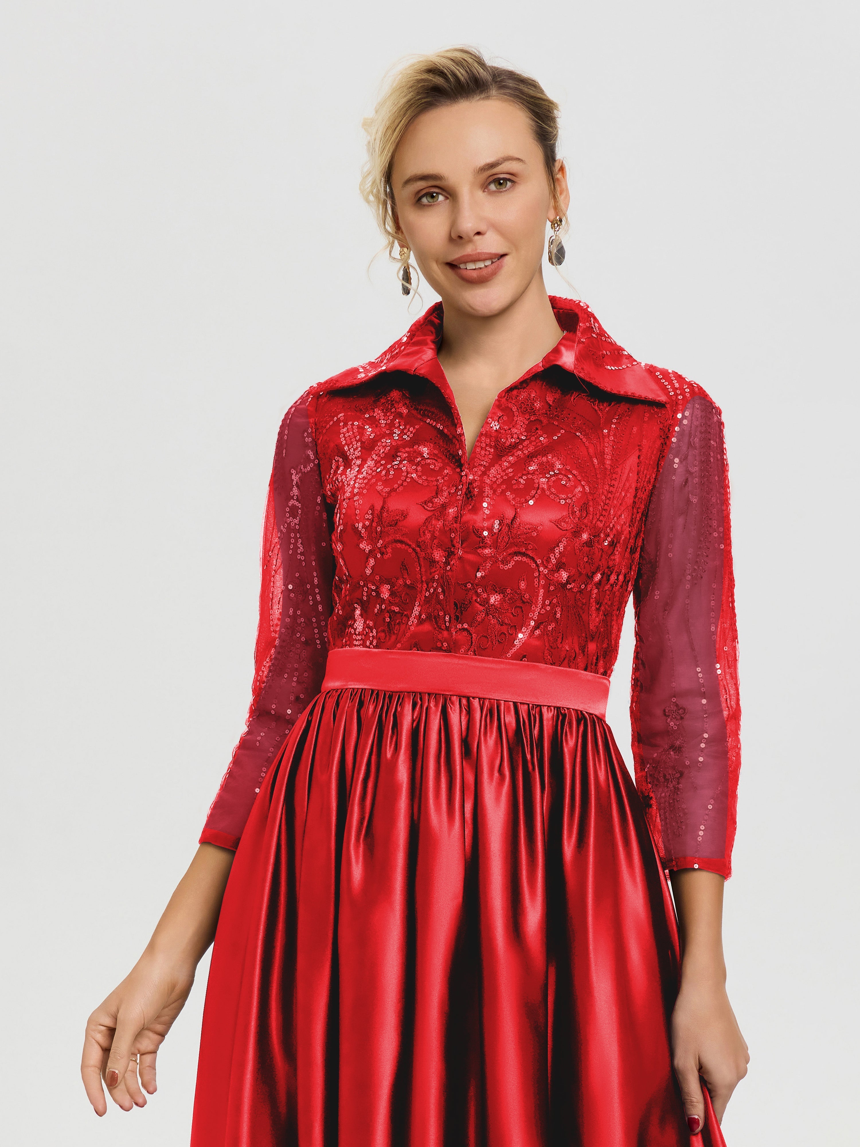 Robe De Mère De Mariée Rouge Col V Satin & Dentelle Robe Mariage Mère De La Mariée