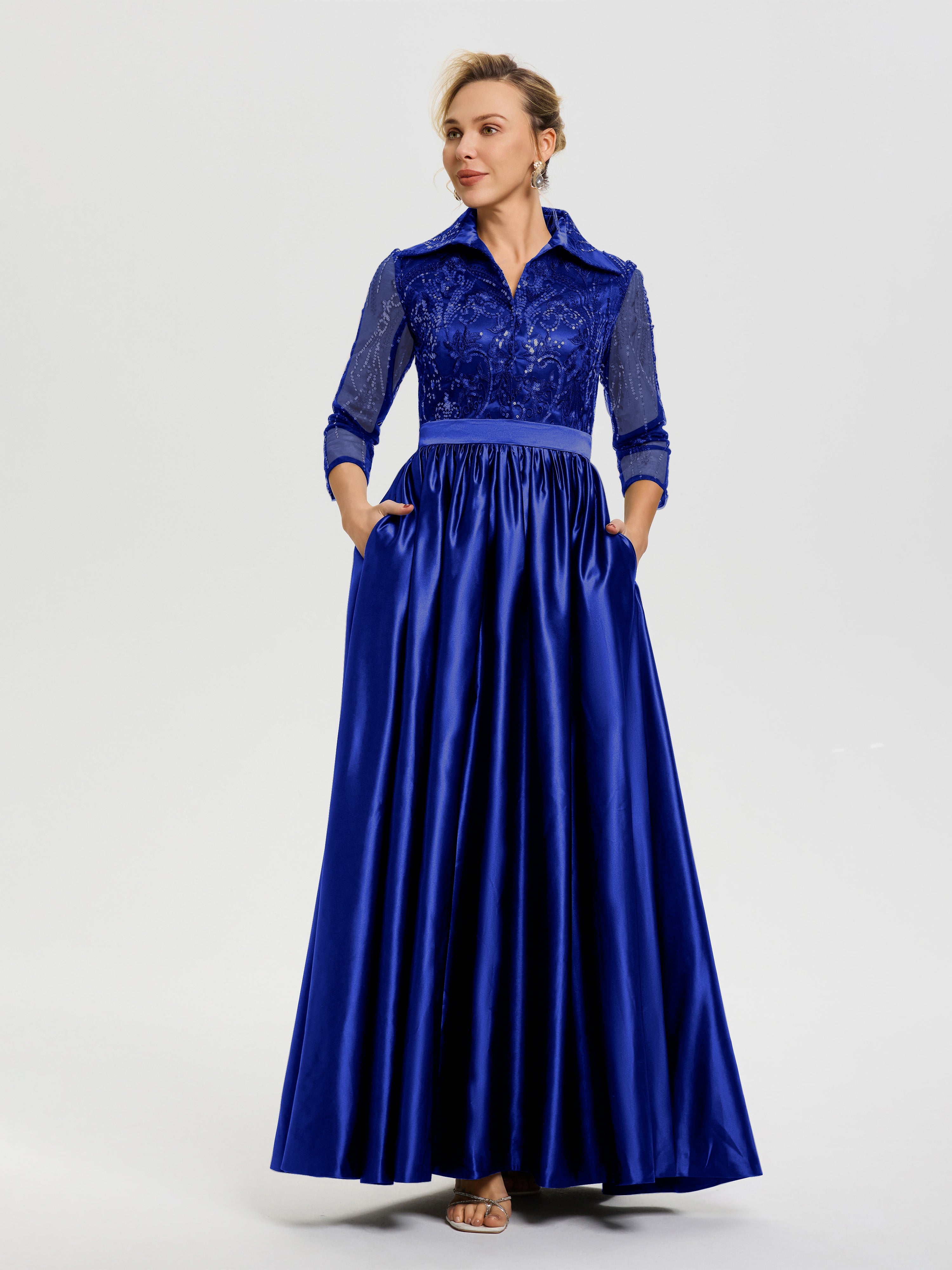 Tenue Mère De La Mariée Très Chic Bleu Royale Col V Satin & Dentelle Robe Mariage Mère De La Mariée