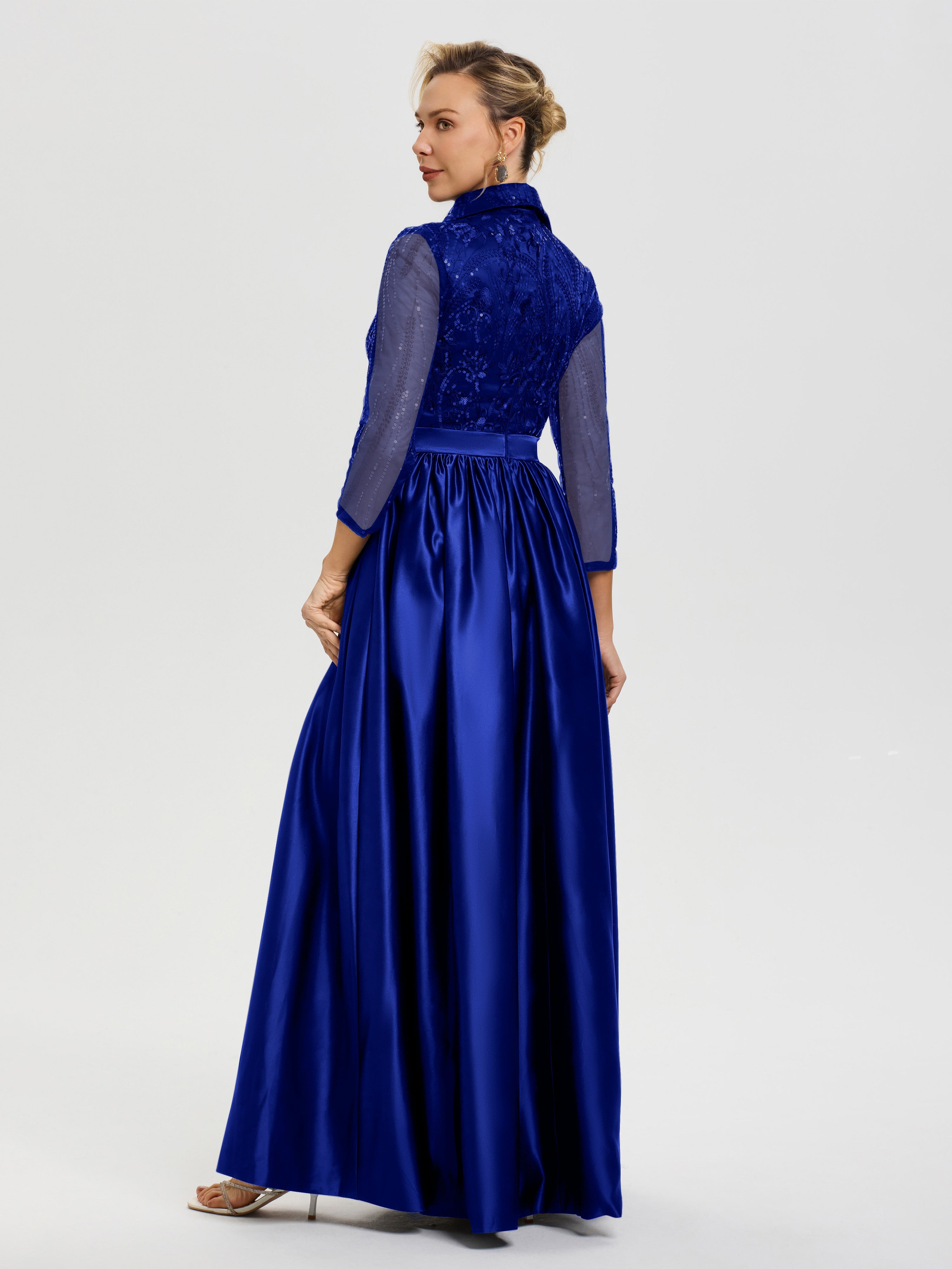 Tenue Mère De La Mariée Très Chic Bleu Royale Col V Satin & Dentelle Robe Mariage Mère De La Mariée