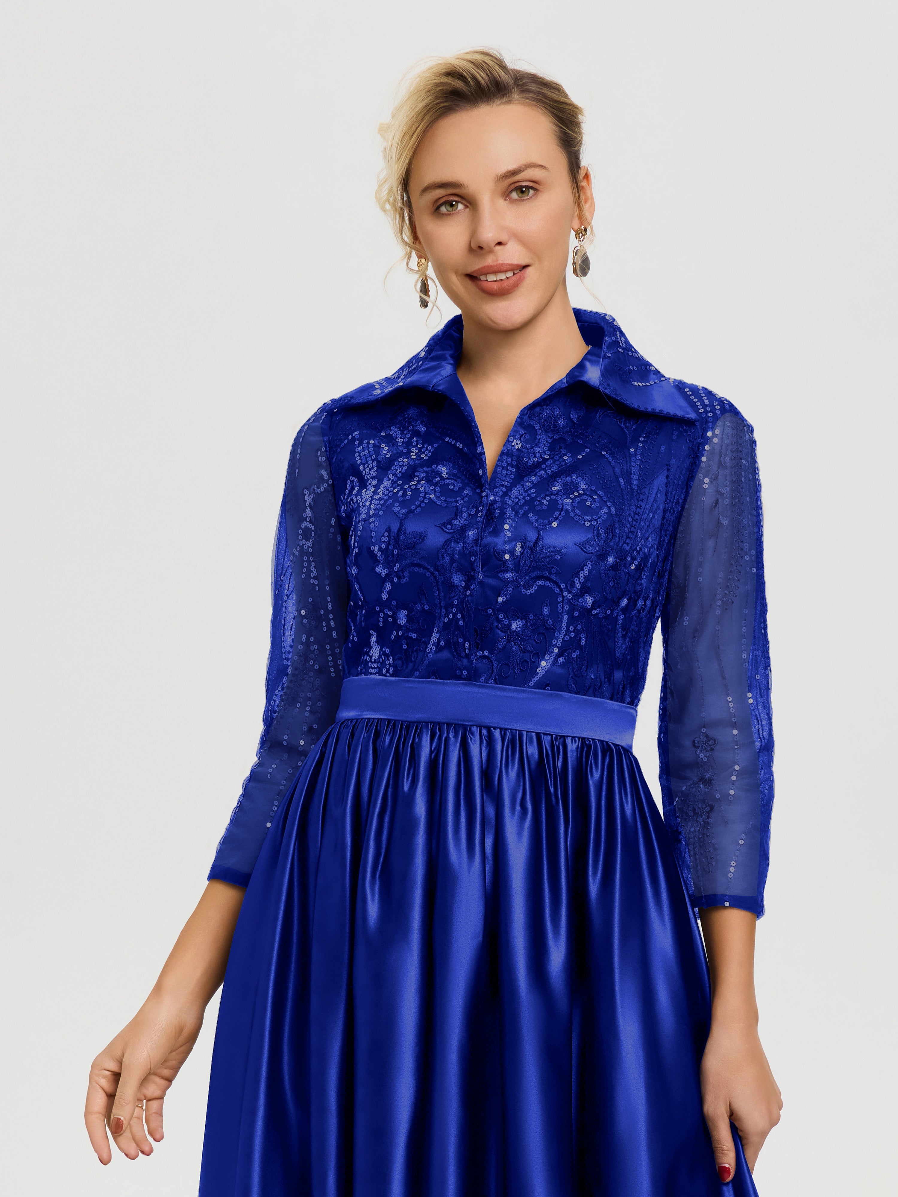 Tenue Mère De La Mariée Très Chic Bleu Royale Col V Satin & Dentelle Robe Mariage Mère De La Mariée