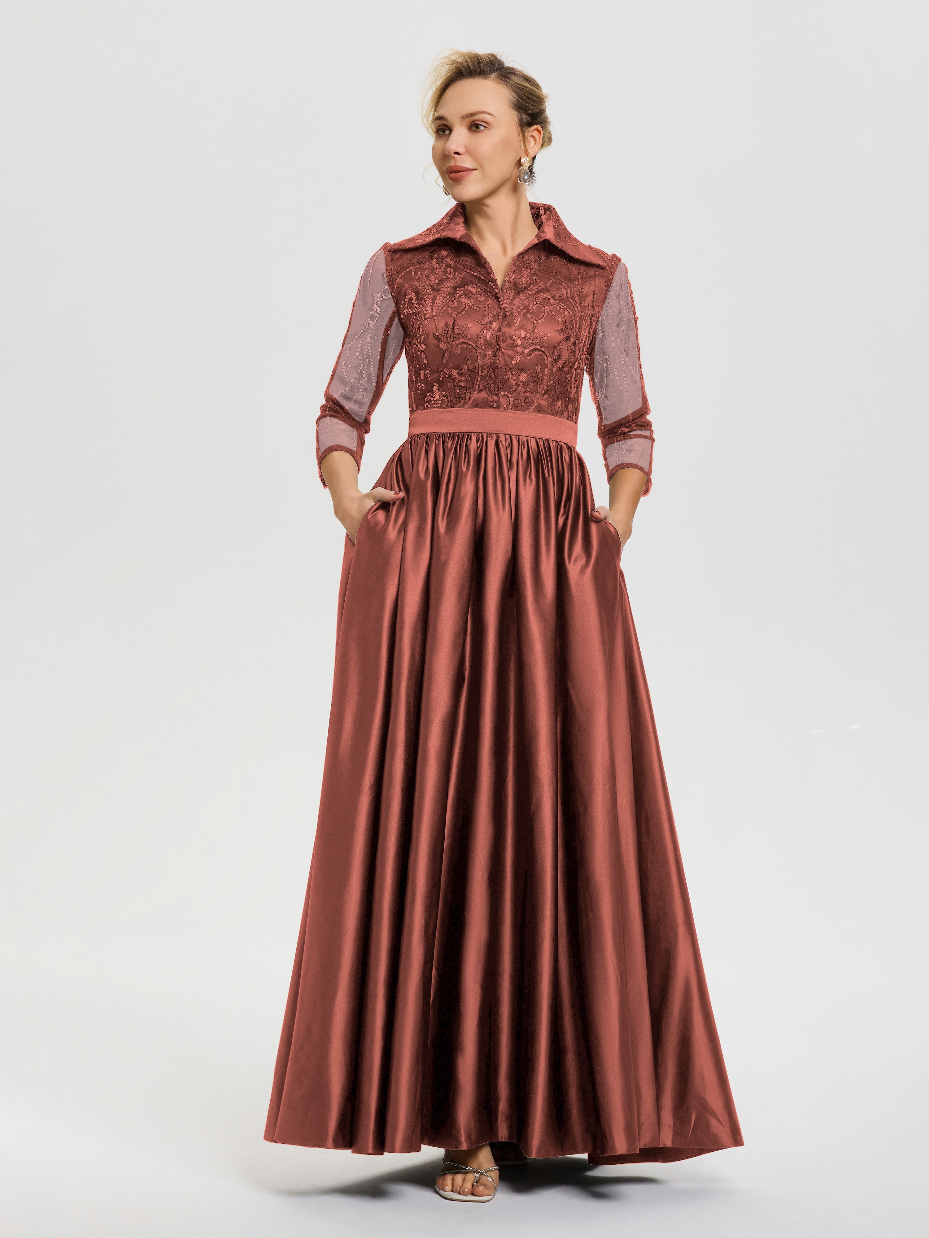 Robe De Mère De Mariée Rouille Col V Satin & Dentelle Robe Mariage Mère De La Mariée