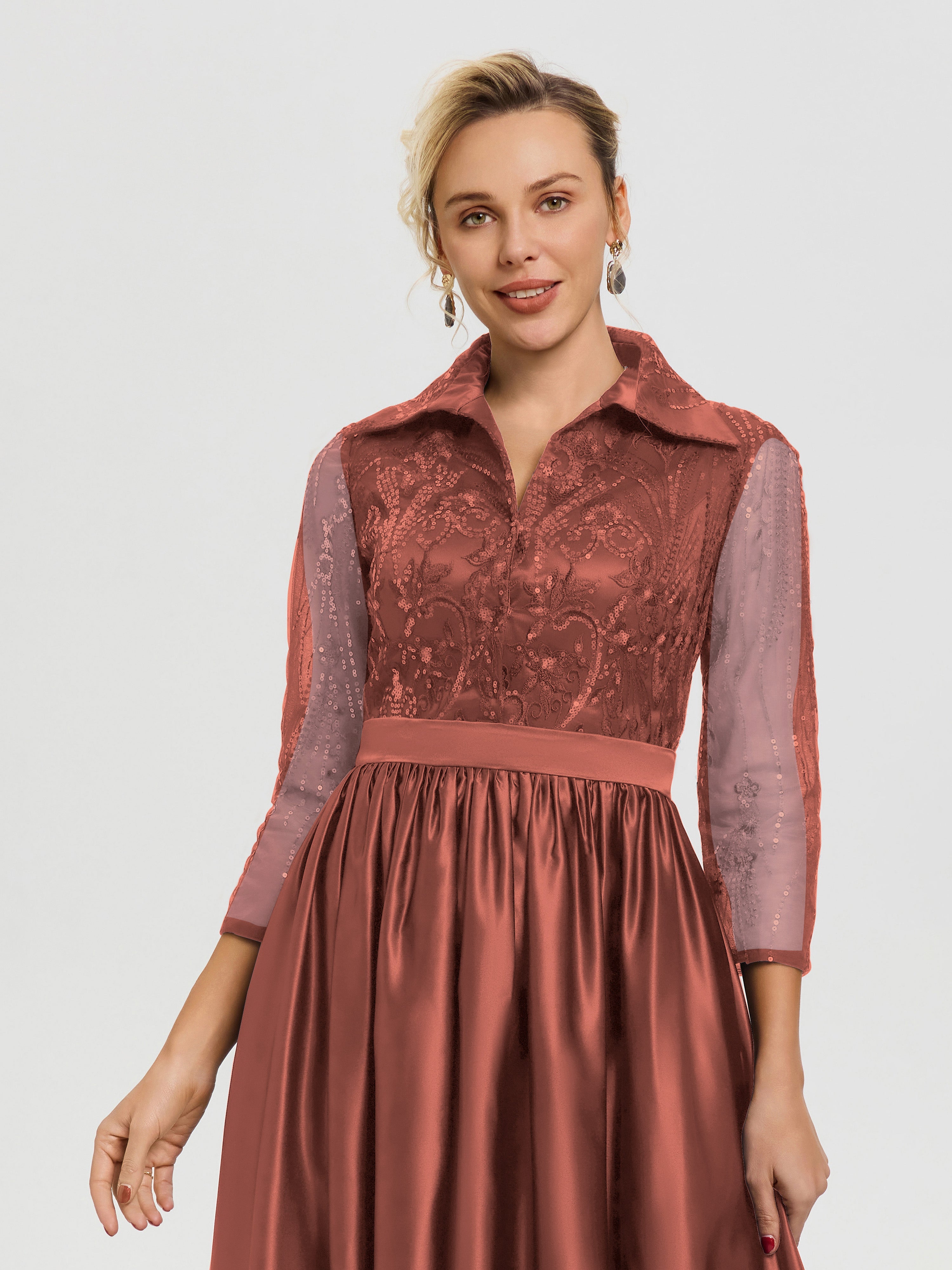 Robe De Mère De Mariée Rouille Col V Satin & Dentelle Robe Mariage Mère De La Mariée