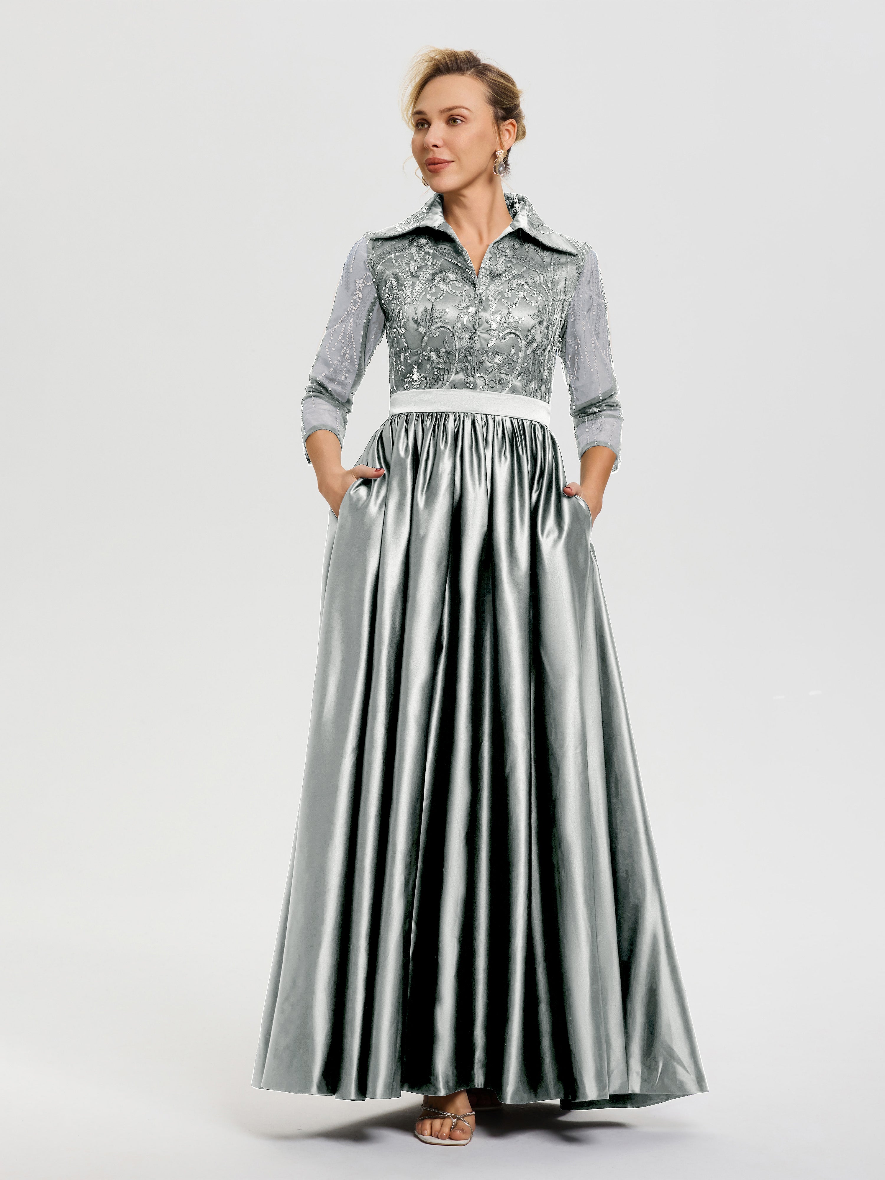 Tenue Mère De La Mariée Très Chic Argent Col V Satin & Dentelle Robe Mariage Mère De La Mariée