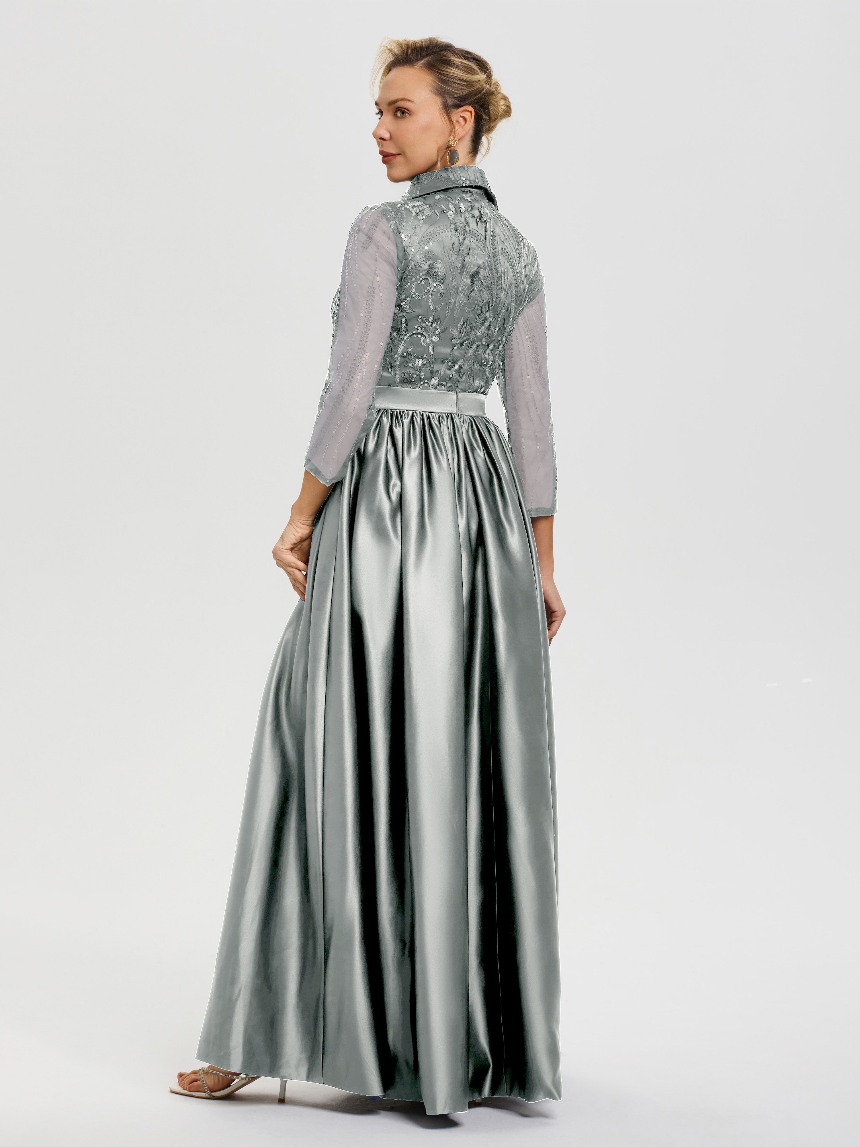 Tenue Mère De La Mariée Très Chic Argent Col V Satin & Dentelle Robe Mariage Mère De La Mariée