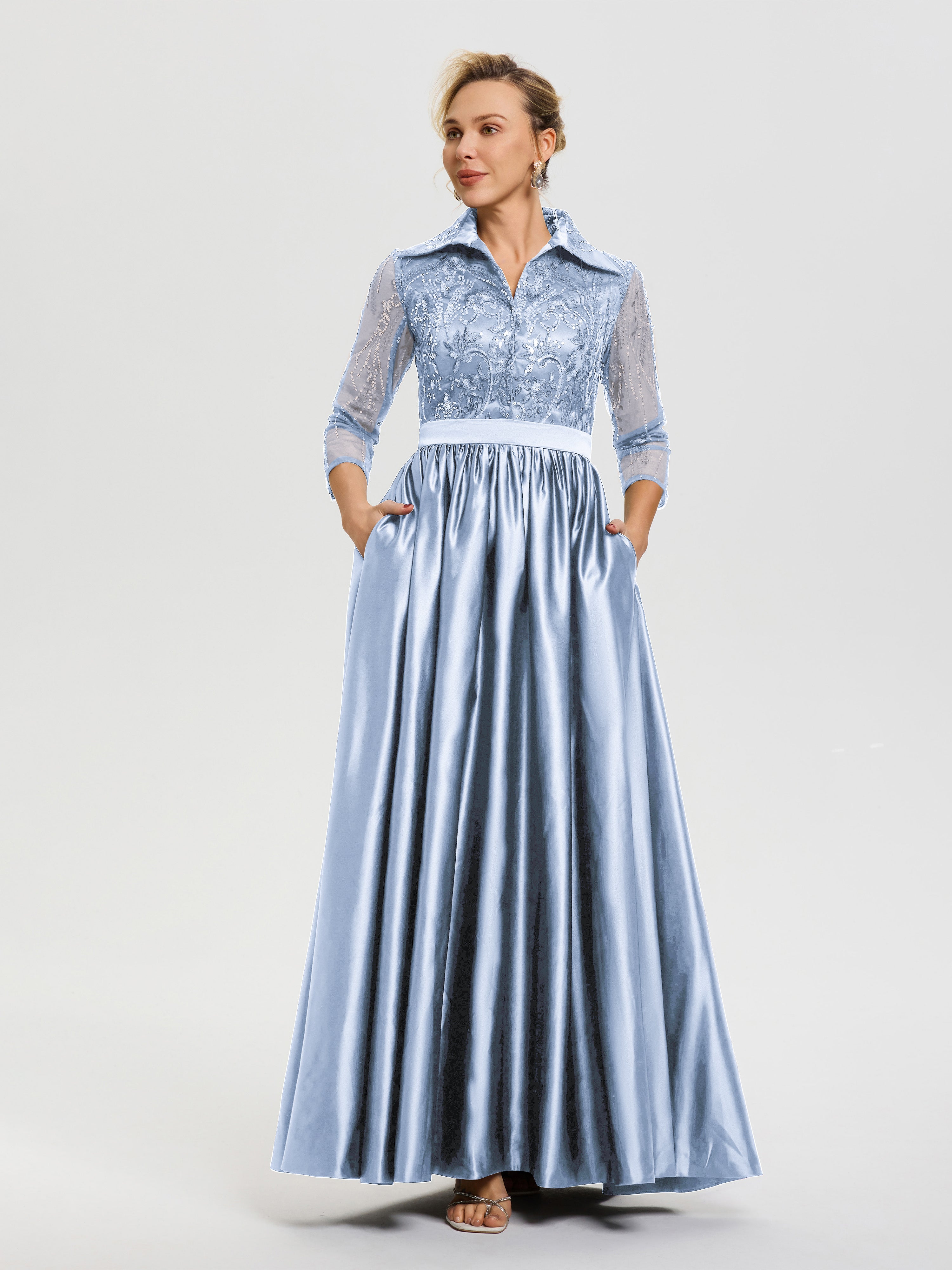 Tenue Mère De La Mariée Très Chic Bleu Ciel Col V Satin & Dentelle Robe Mariage Mère De La Mariée