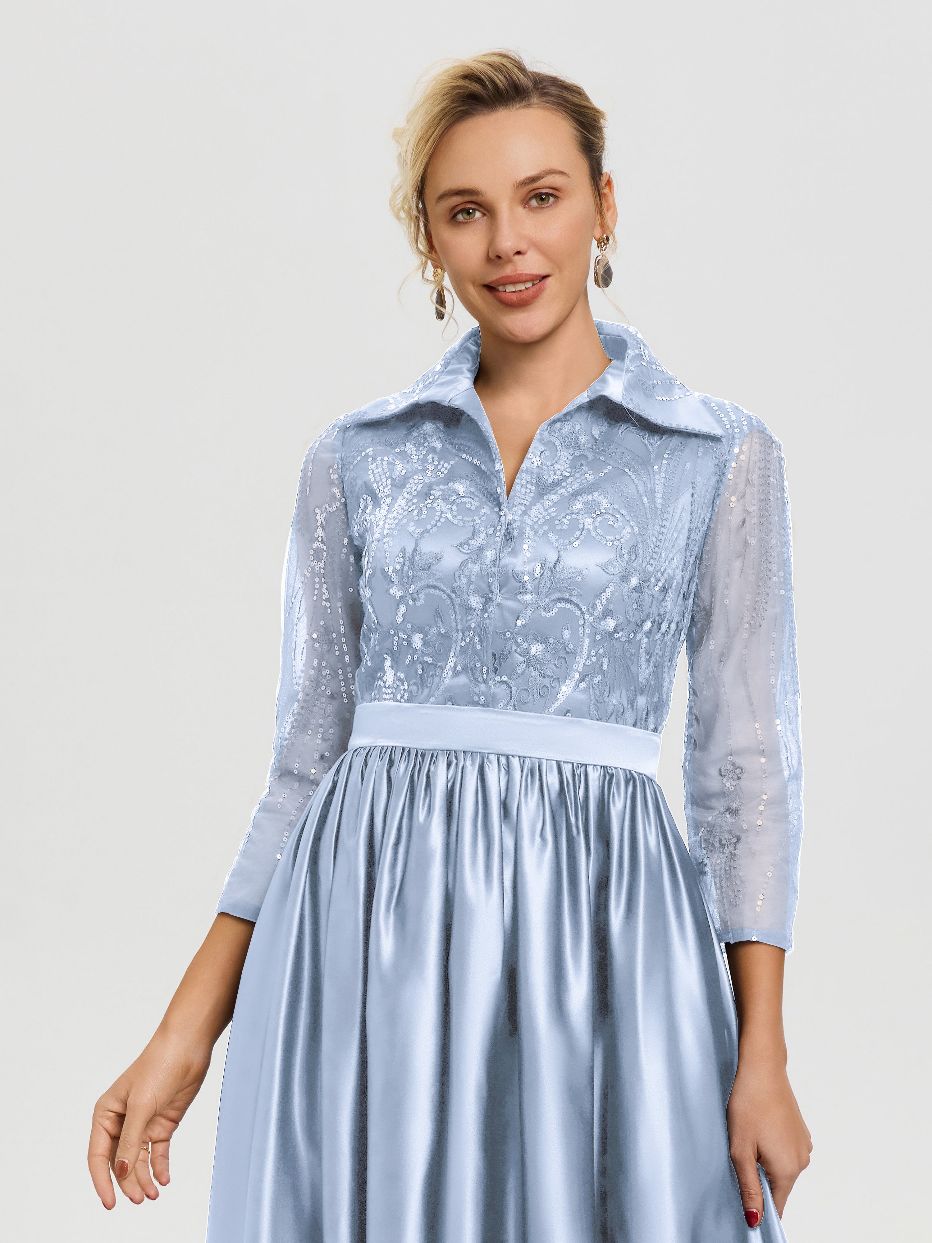 Tenue Mère De La Mariée Très Chic Bleu Ciel Col V Satin & Dentelle Robe Mariage Mère De La Mariée