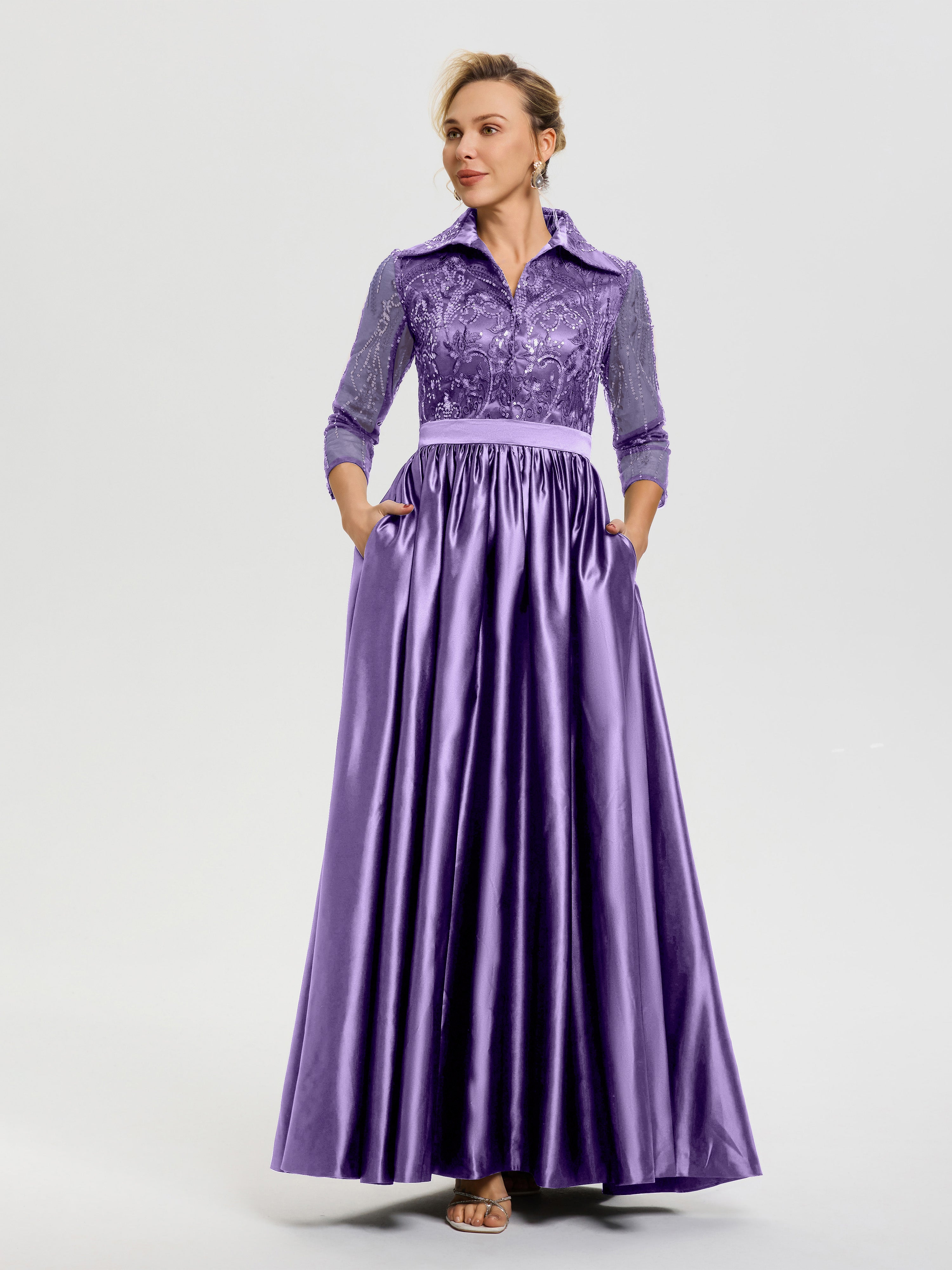 Robe De Cérémonie Mère Du Marié Tahiti Col V Satin & Dentelle Robe Mariage Mère De La Mariée