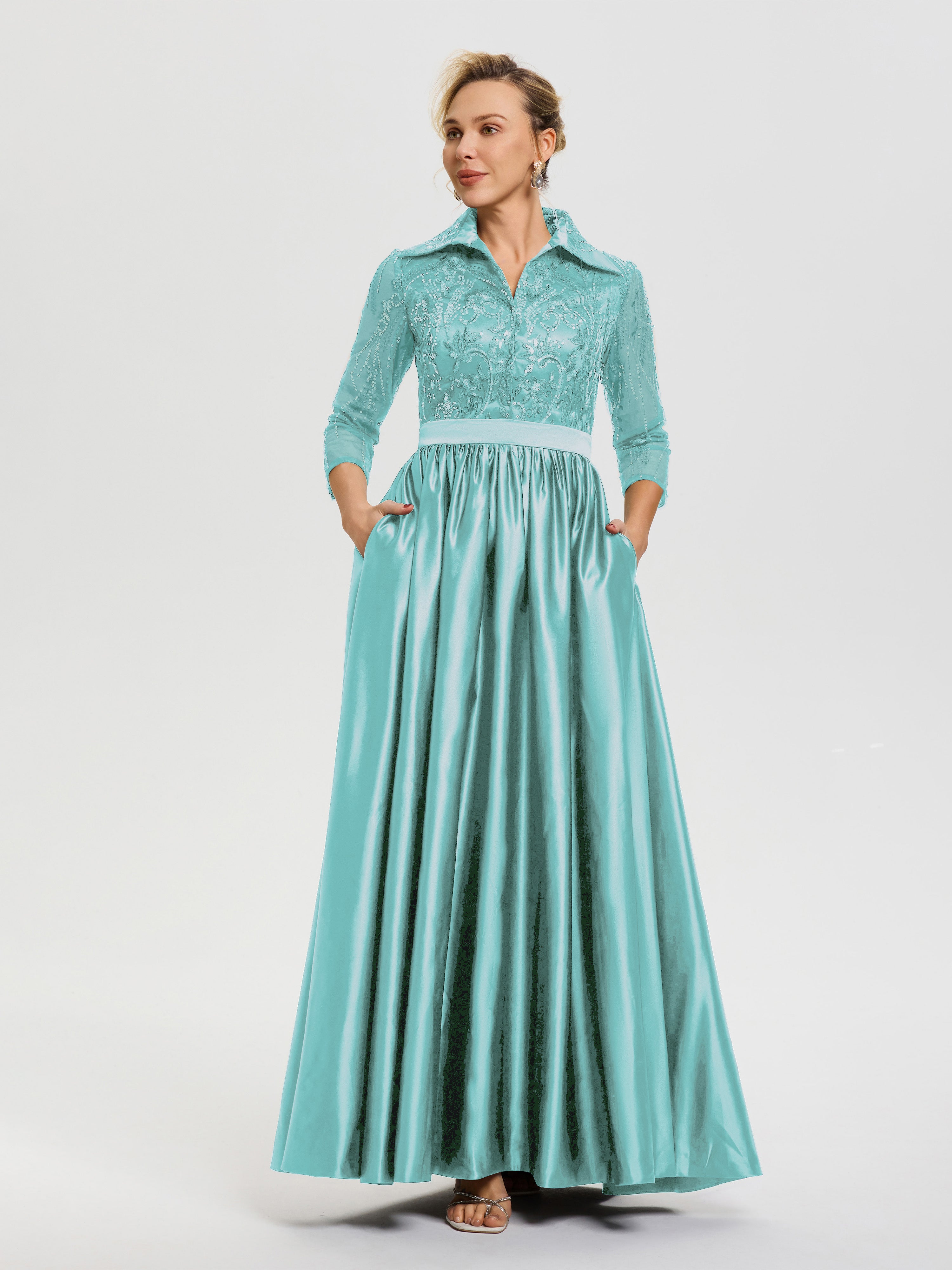 Robe De Cérémonie Mère Du Marié Turquoise Col V Satin & Dentelle Robe Mariage Mère De La Mariée