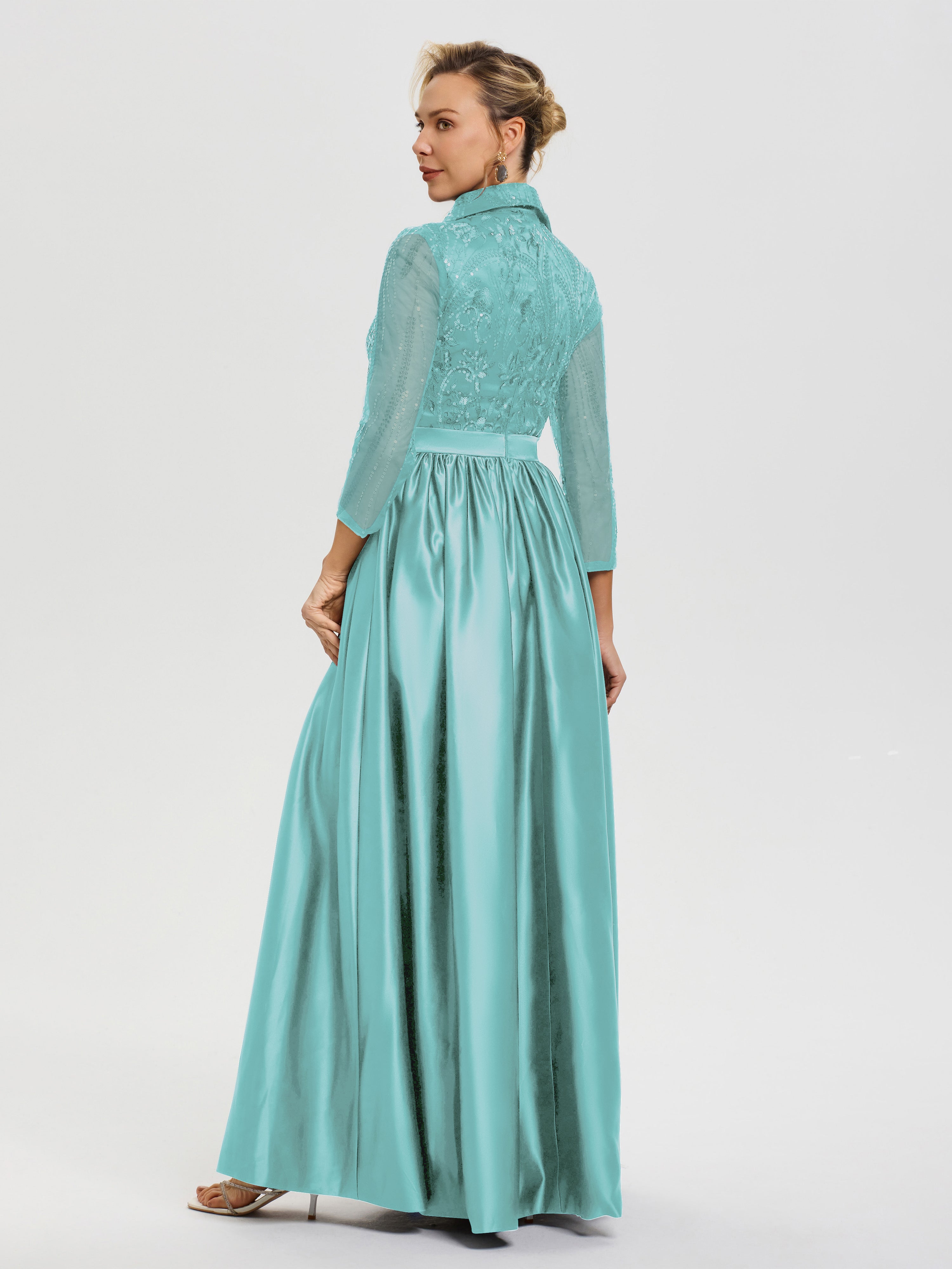 Robe De Cérémonie Mère Du Marié Turquoise Col V Satin & Dentelle Robe Mariage Mère De La Mariée