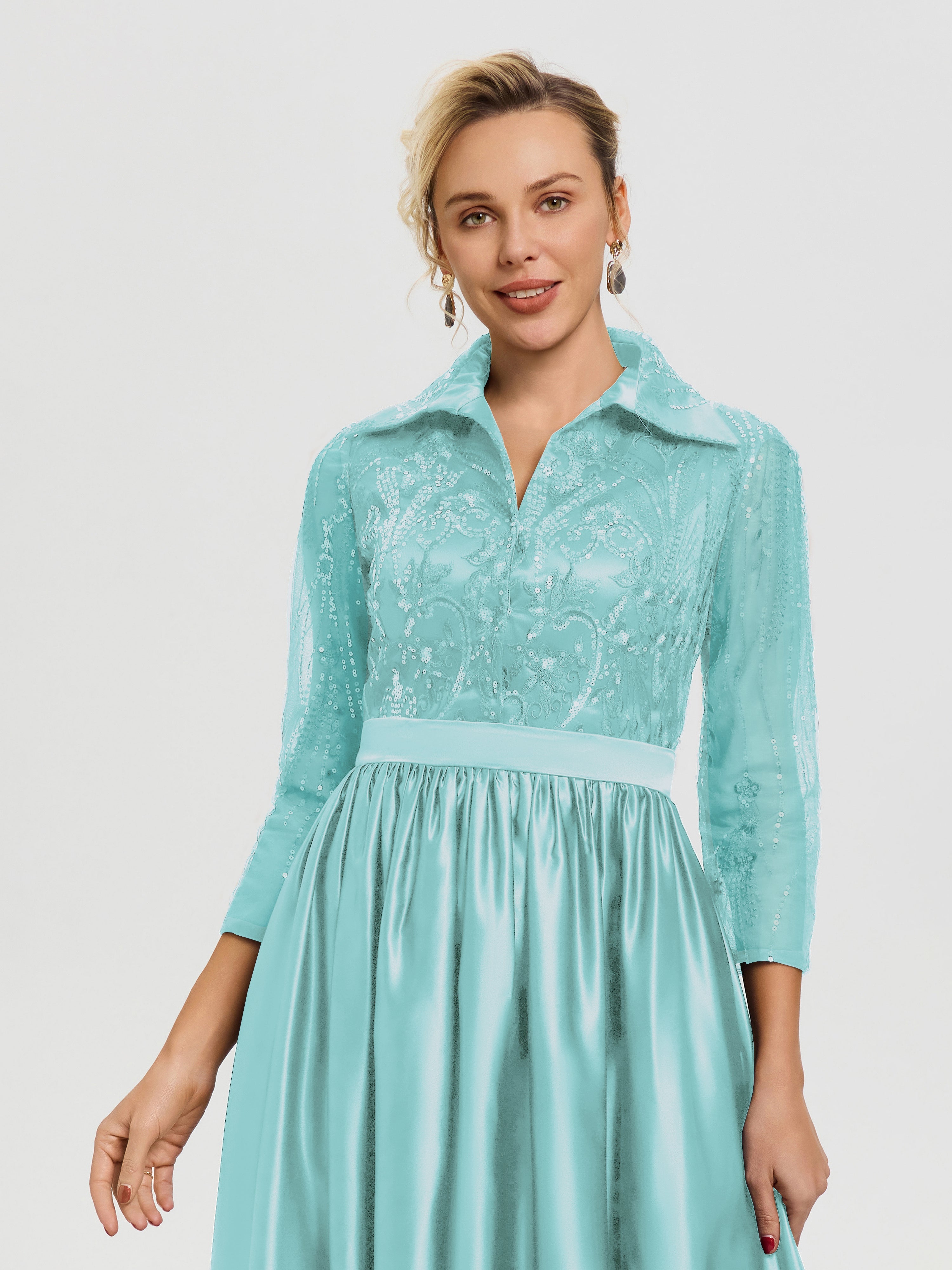 Robe De Cérémonie Mère Du Marié Turquoise Col V Satin & Dentelle Robe Mariage Mère De La Mariée
