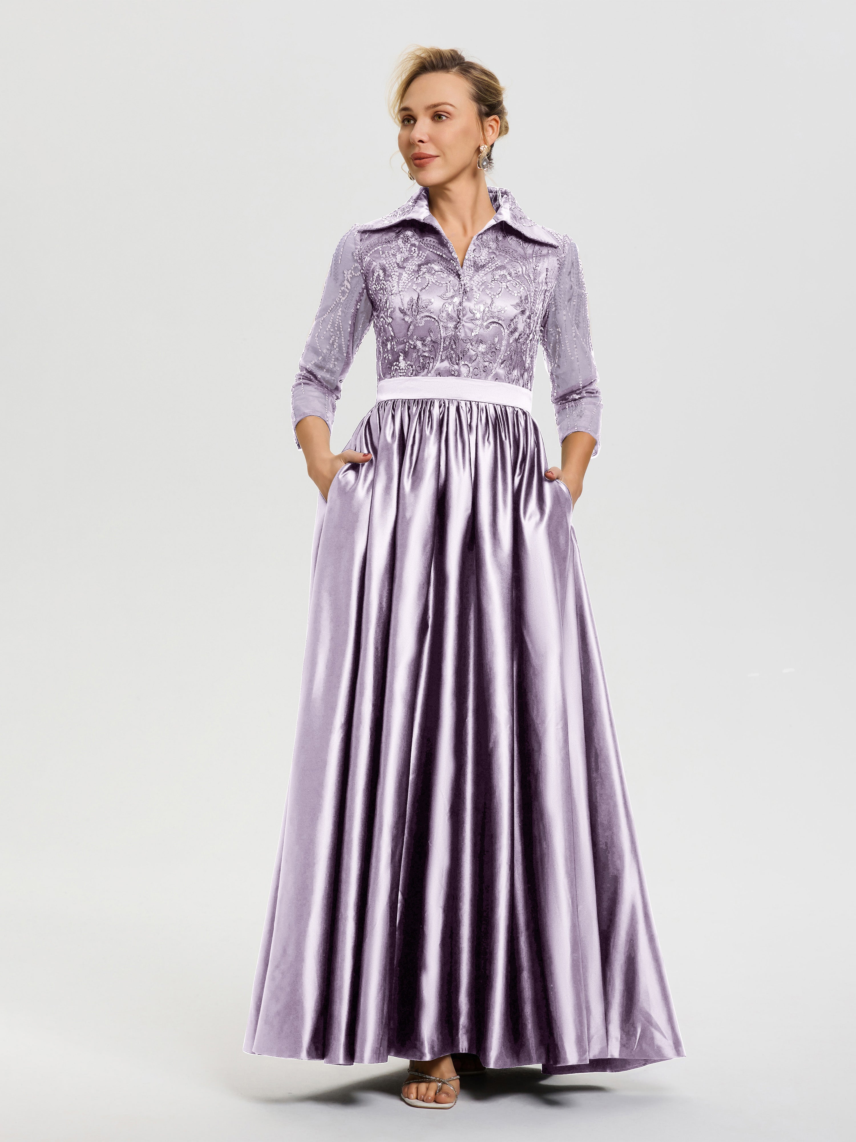 Robe De Cérémonie Mère Du Marié Vintage Mauve Col V Satin & Dentelle Robe Mariage Mère De La Mariée