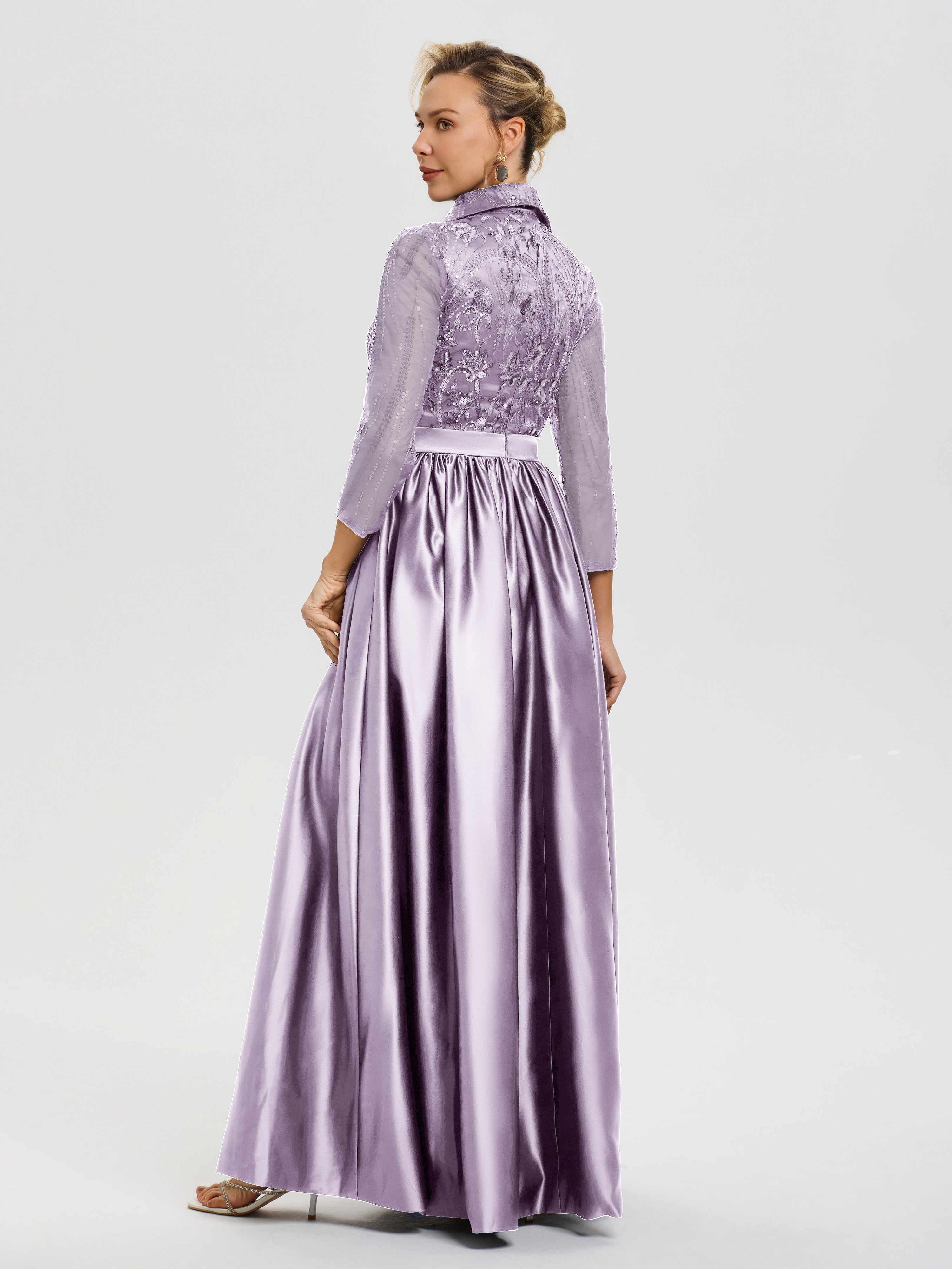 Robe De Cérémonie Mère Du Marié Vintage Mauve Col V Satin & Dentelle Robe Mariage Mère De La Mariée