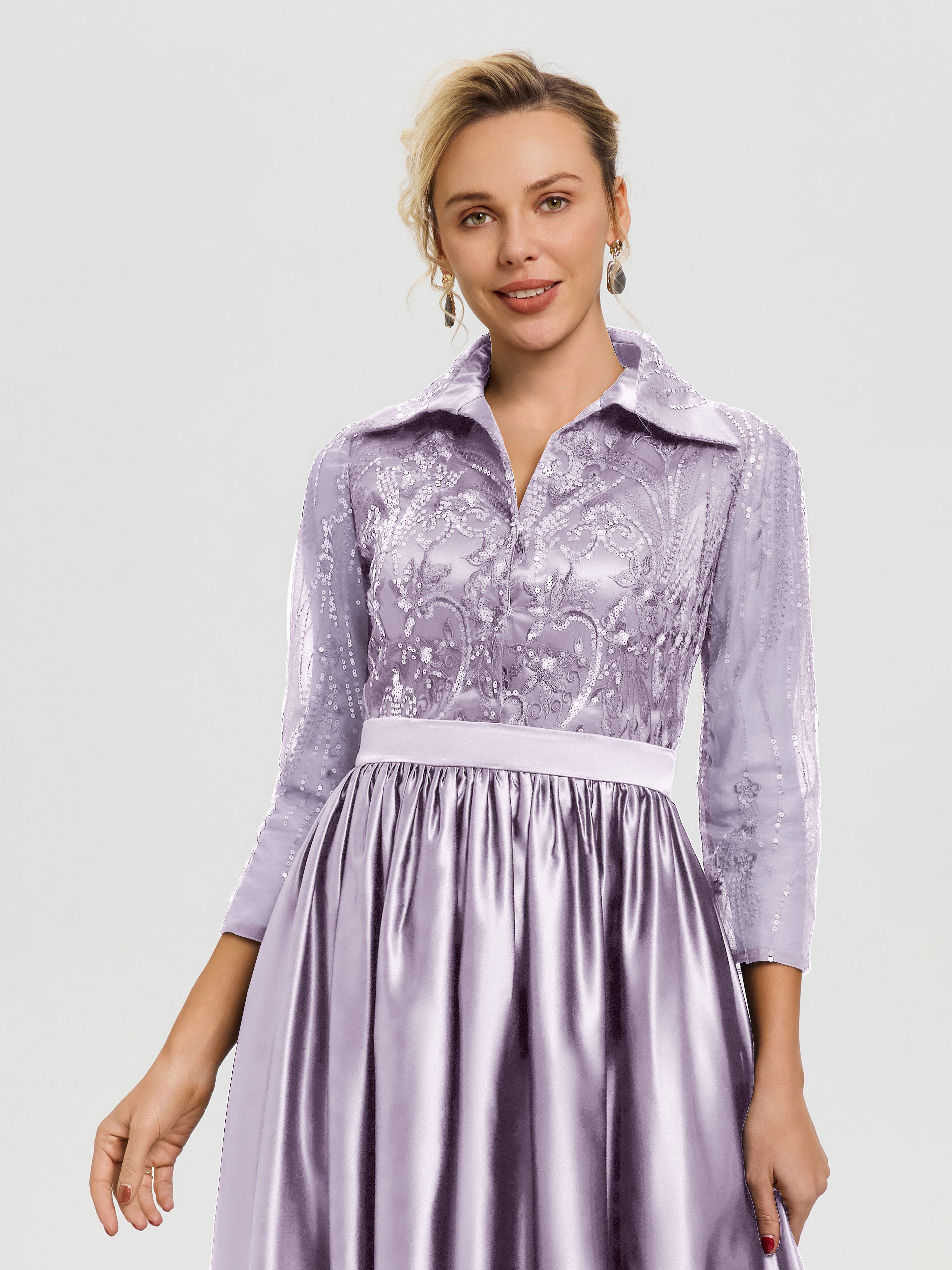 Robe De Cérémonie Mère Du Marié Vintage Mauve Col V Satin & Dentelle Robe Mariage Mère De La Mariée