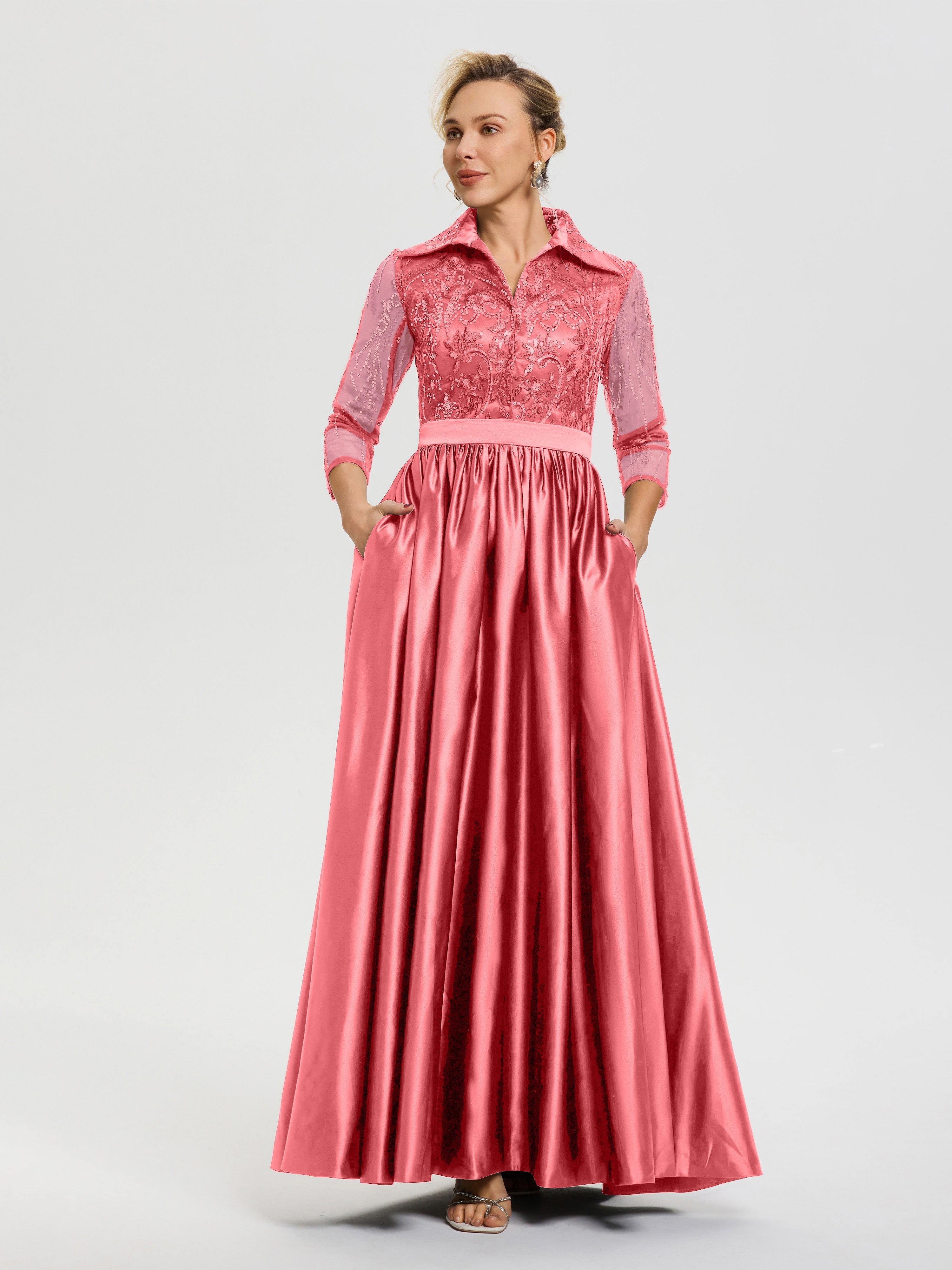 Robe De Mère De Mariée Pastèque Col V Satin & Dentelle Robe Mariage Mère De La Mariée
