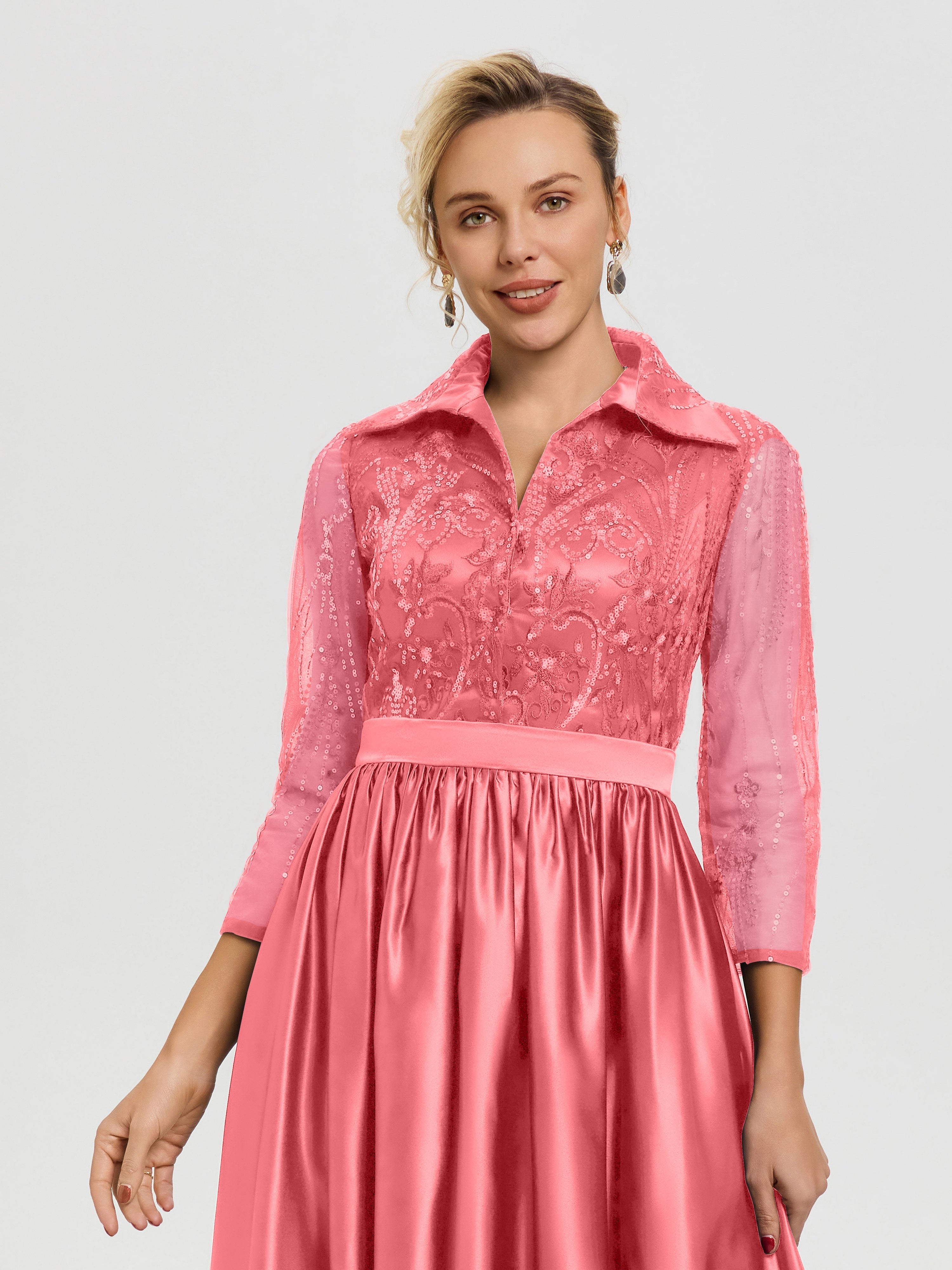 Robe De Mère De Mariée Pastèque Col V Satin & Dentelle Robe Mariage Mère De La Mariée