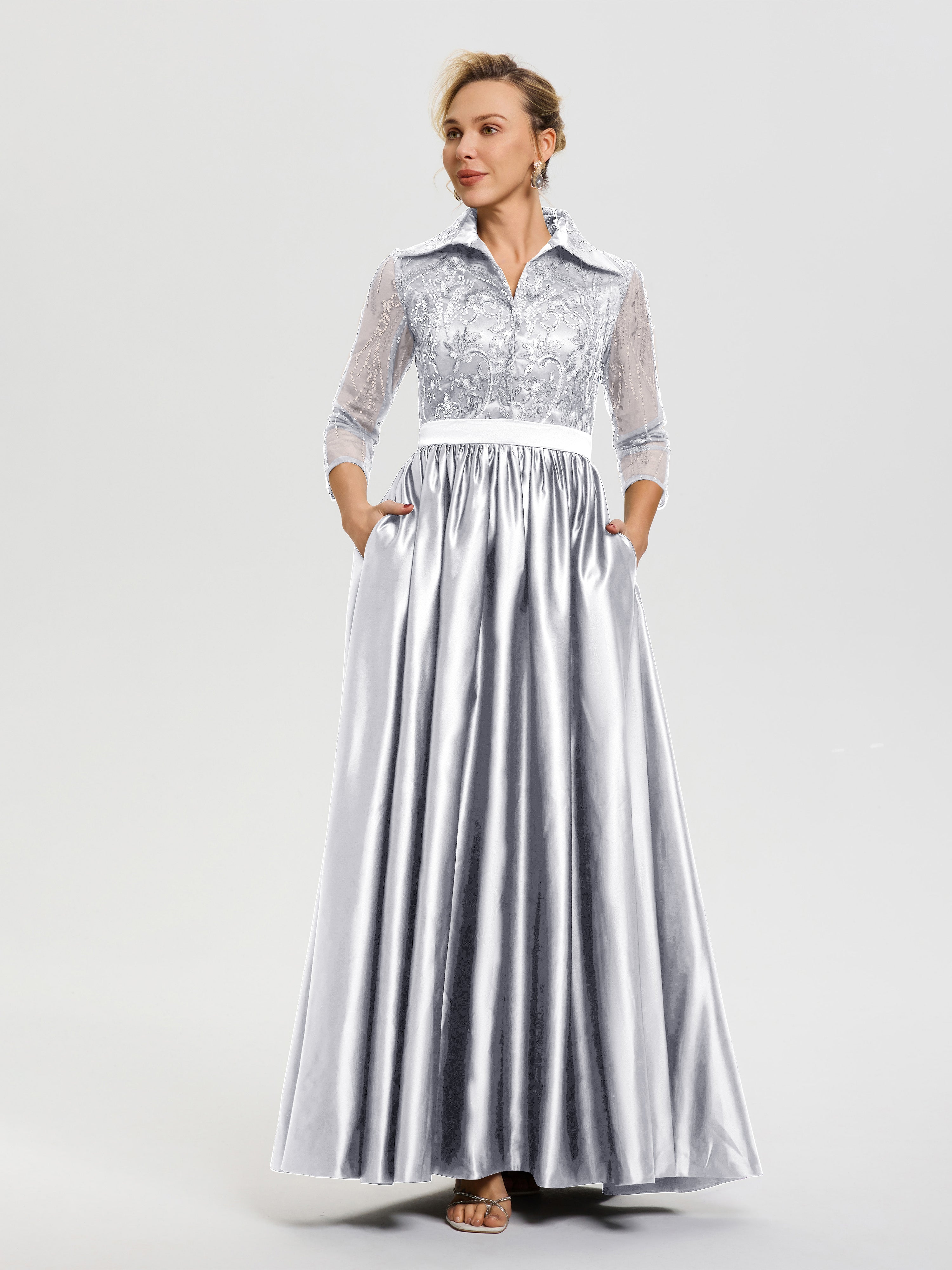 Tenue Mère De La Mariée Très Chic Blanc Col V Satin & Dentelle Robe Mariage Mère De La Mariée