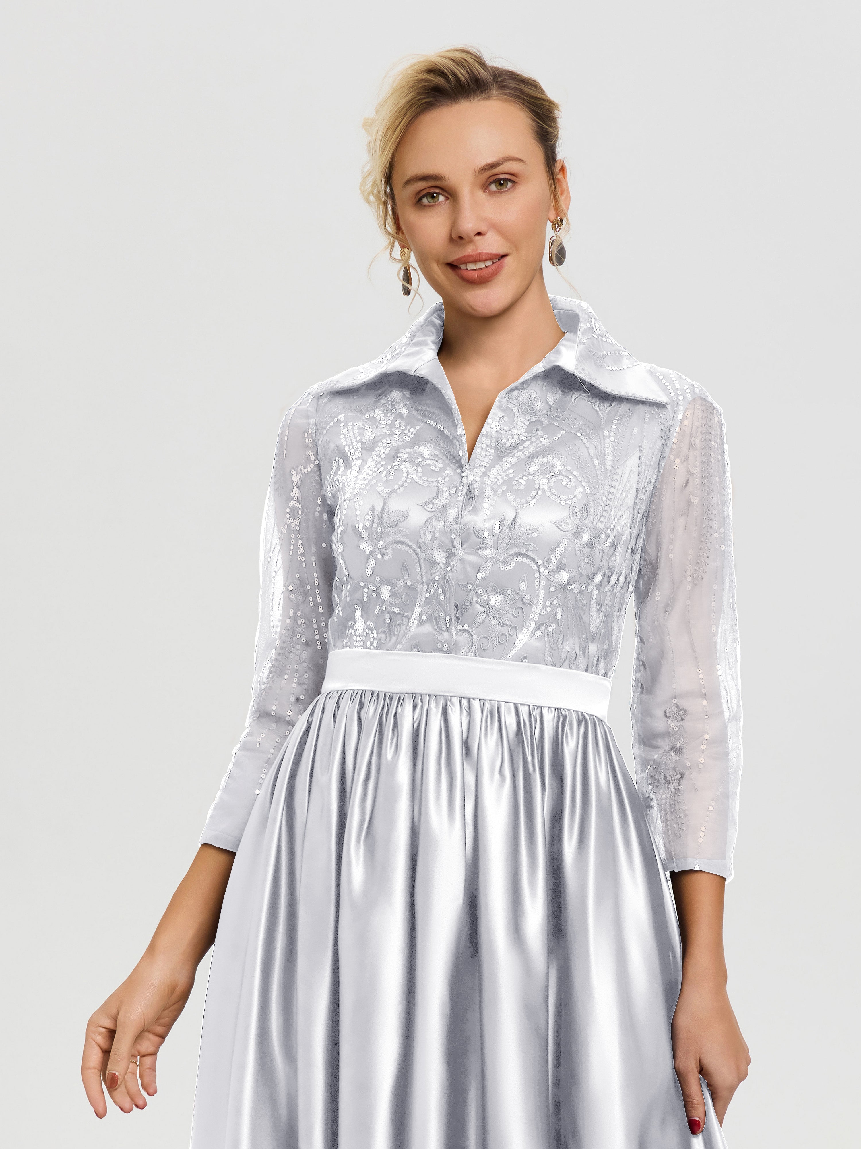 Tenue Mère De La Mariée Très Chic Blanc Col V Satin & Dentelle Robe Mariage Mère De La Mariée