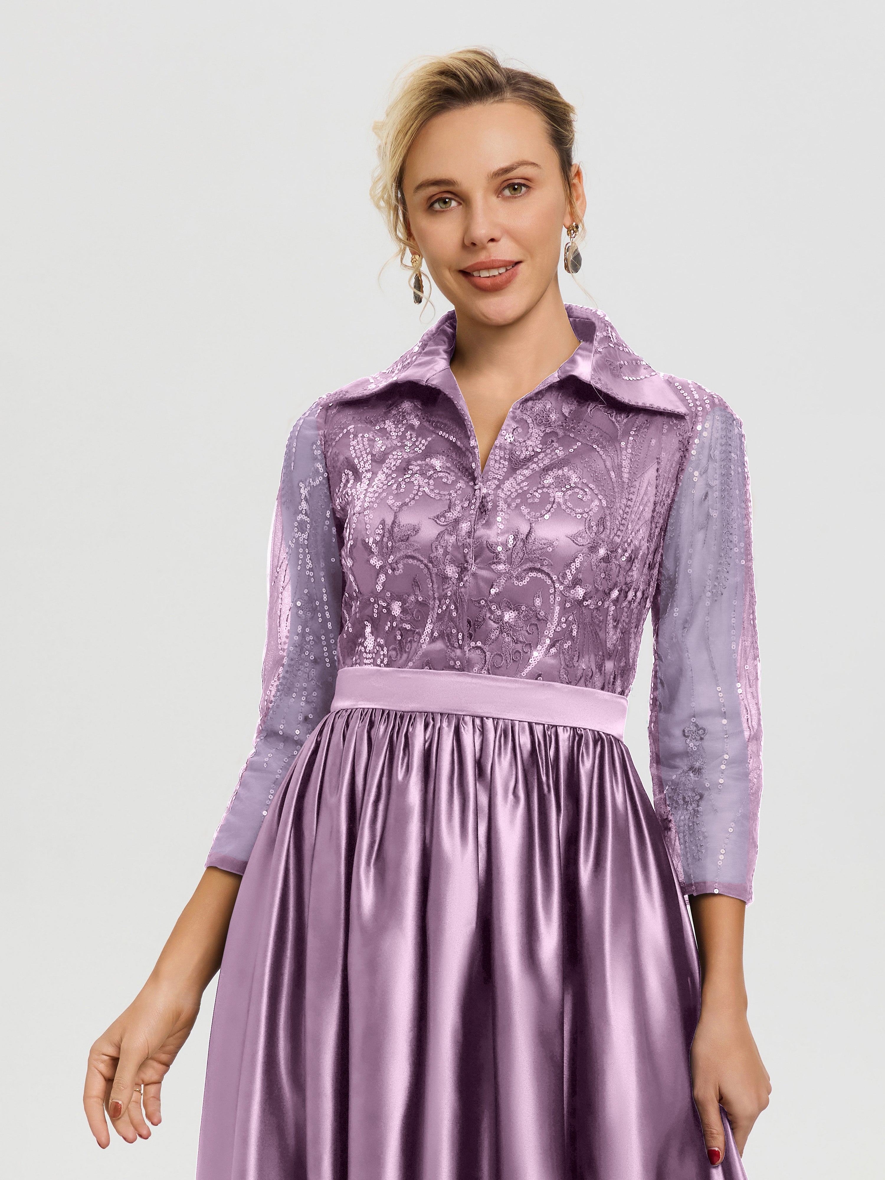 Tenue Mère De La Mariée Très Chic Glycine Col V Satin & Dentelle Robe Mariage Mère De La Mariée