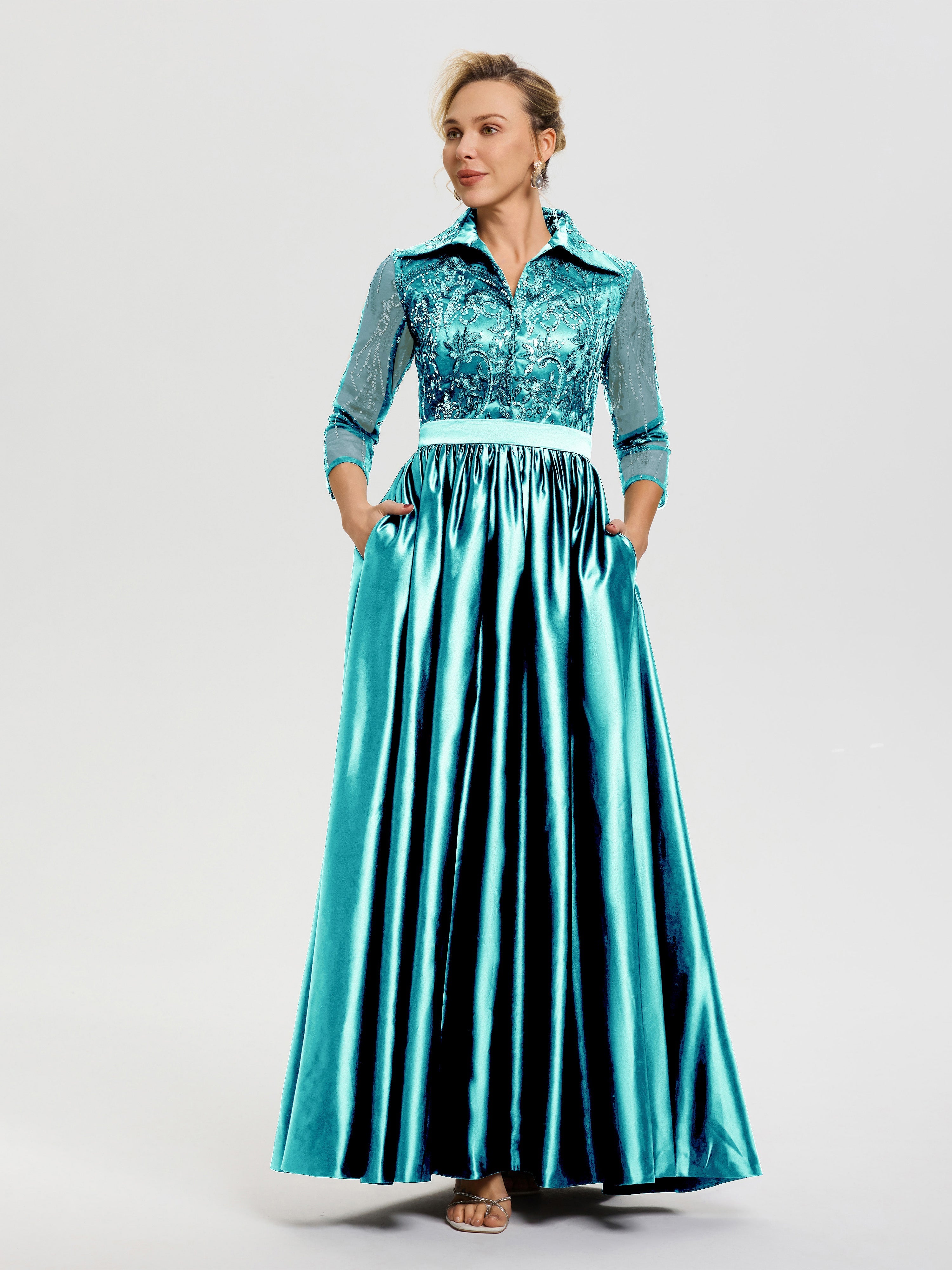 Robe De Mère De Mariée Paon Col V Satin & Dentelle Robe Mariage Mère De La Mariée