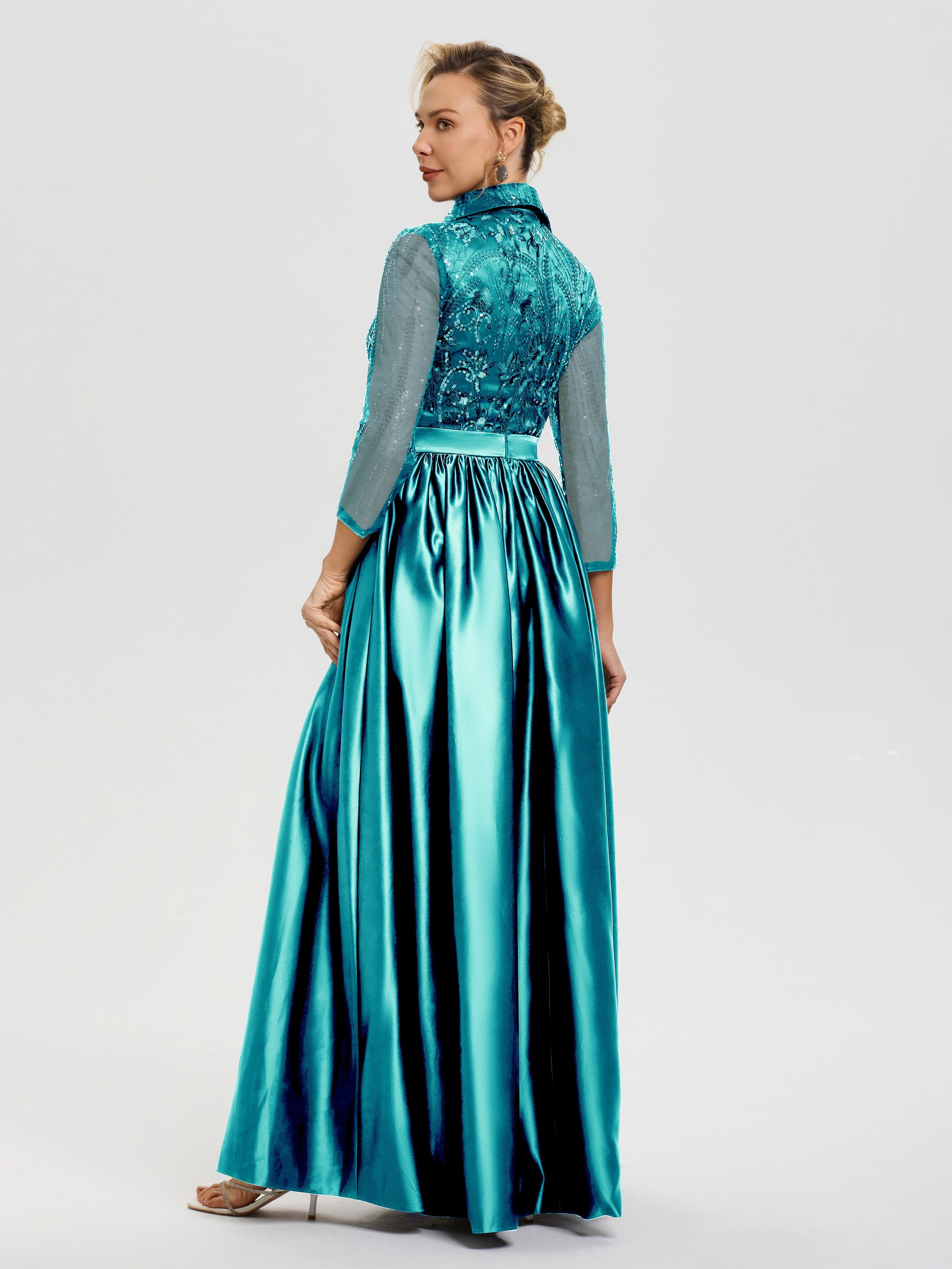 Robe De Mère De Mariée Paon Col V Satin & Dentelle Robe Mariage Mère De La Mariée