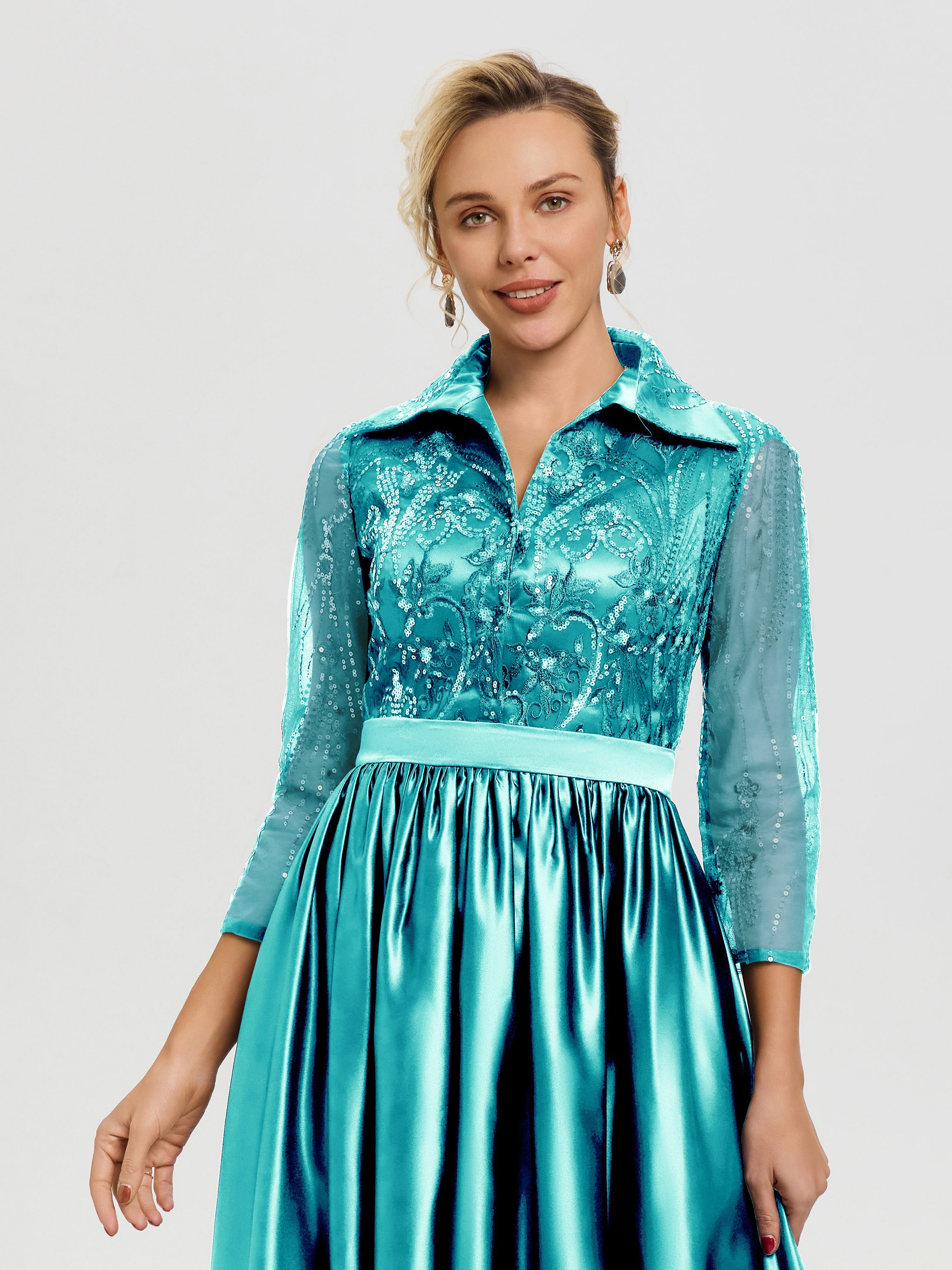 Robe De Mère De Mariée Paon Col V Satin & Dentelle Robe Mariage Mère De La Mariée