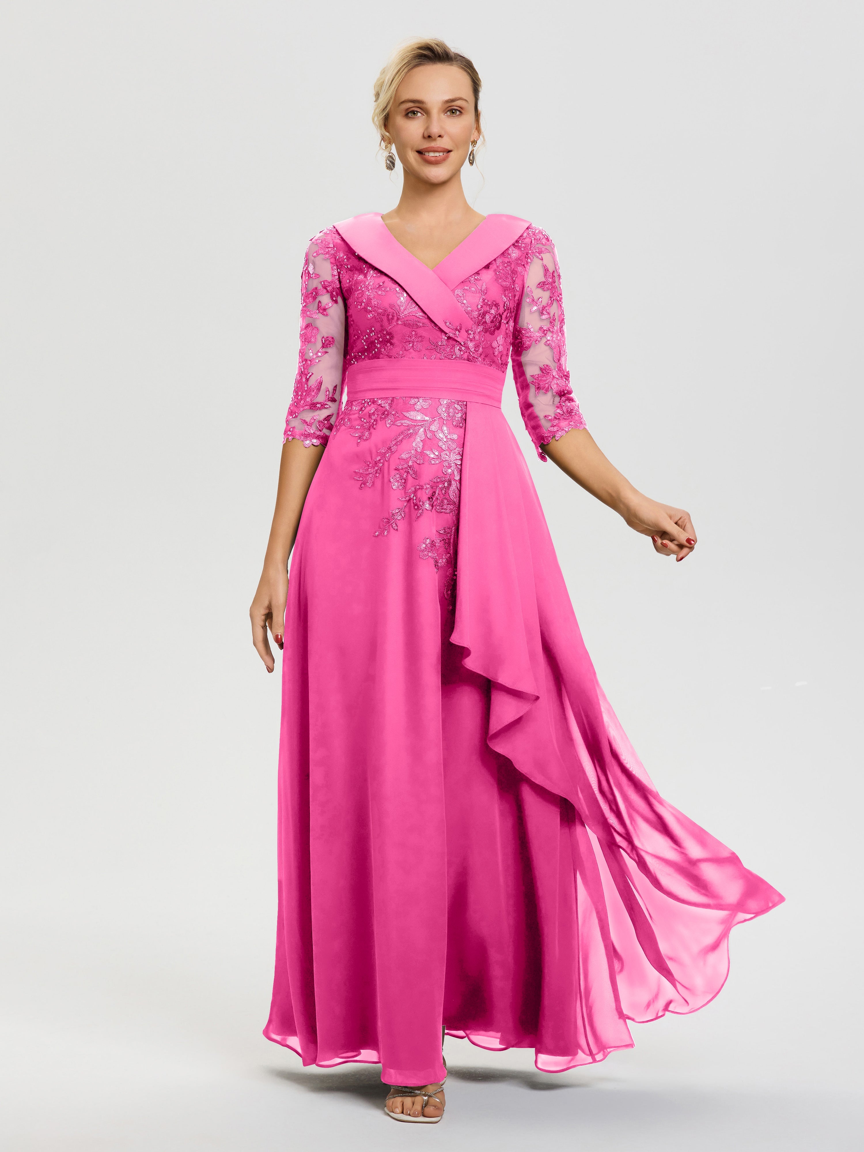 Robe Mère Marié Azalee Col-V-Mousseline-Dentelle-Robe-Ceremonie-Mere-De-La-Mariee
