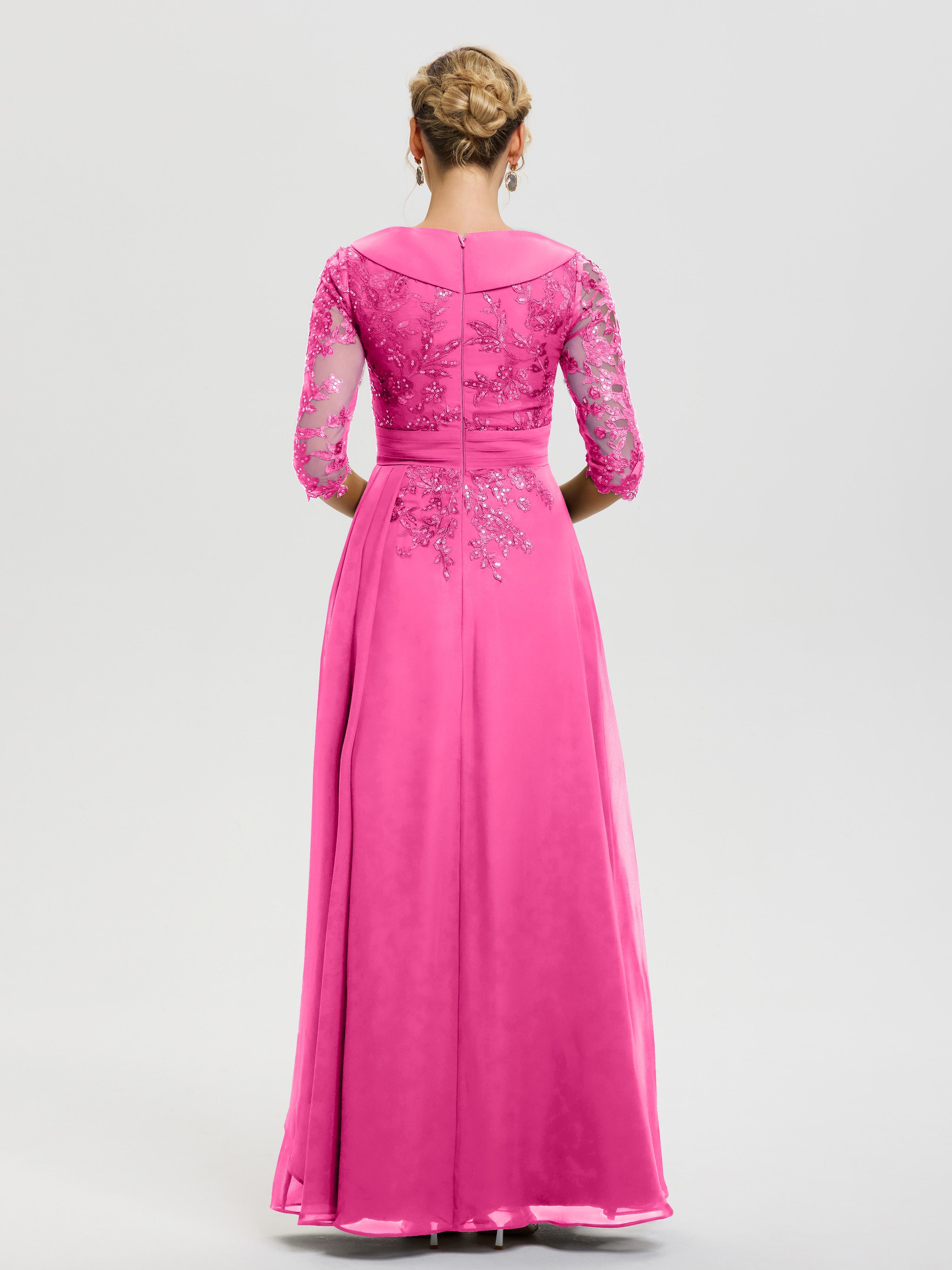 Robe Mère Marié Azalee Col-V-Mousseline-Dentelle-Robe-Ceremonie-Mere-De-La-Mariee