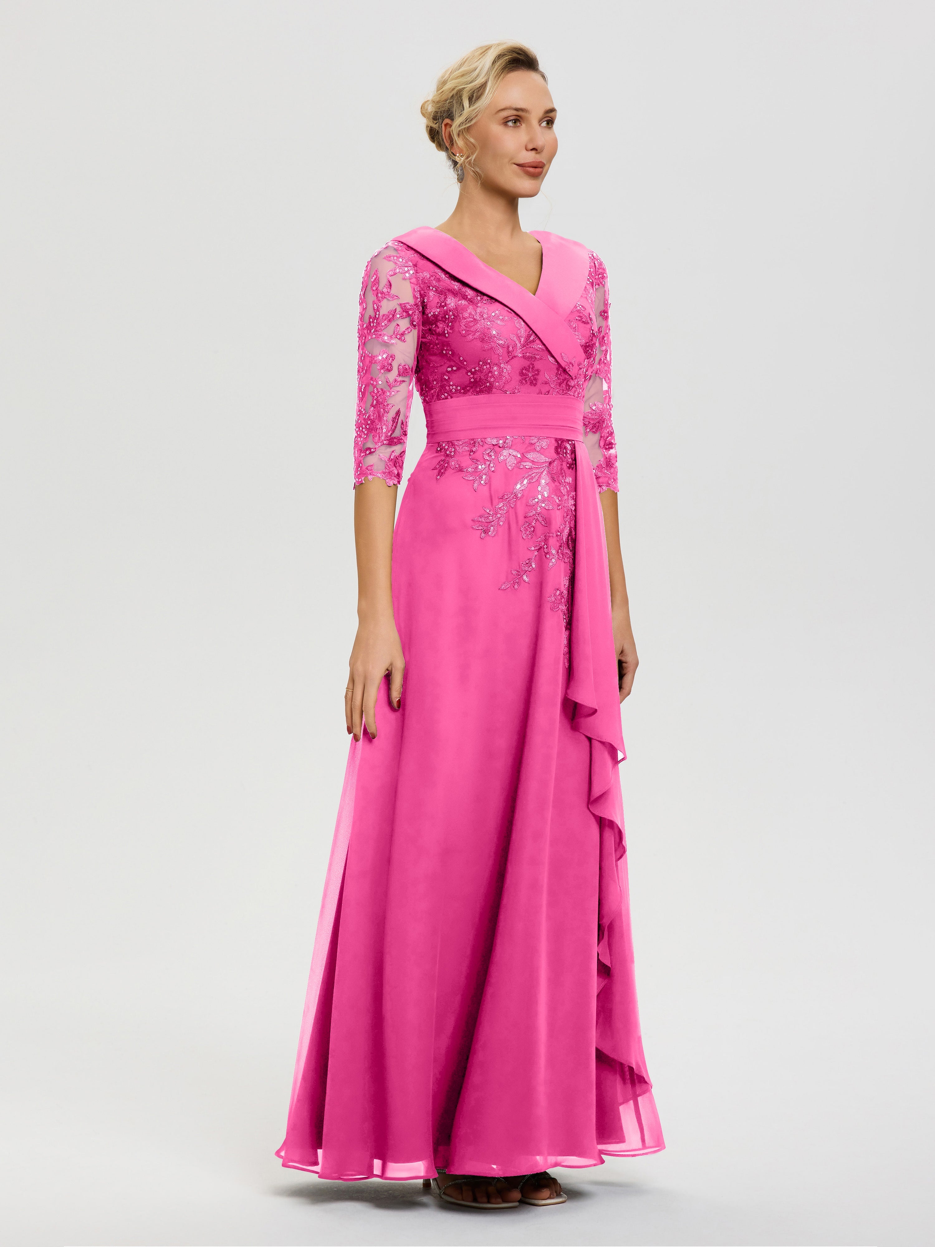 Robe Mère Marié Azalee Col-V-Mousseline-Dentelle-Robe-Ceremonie-Mere-De-La-Mariee