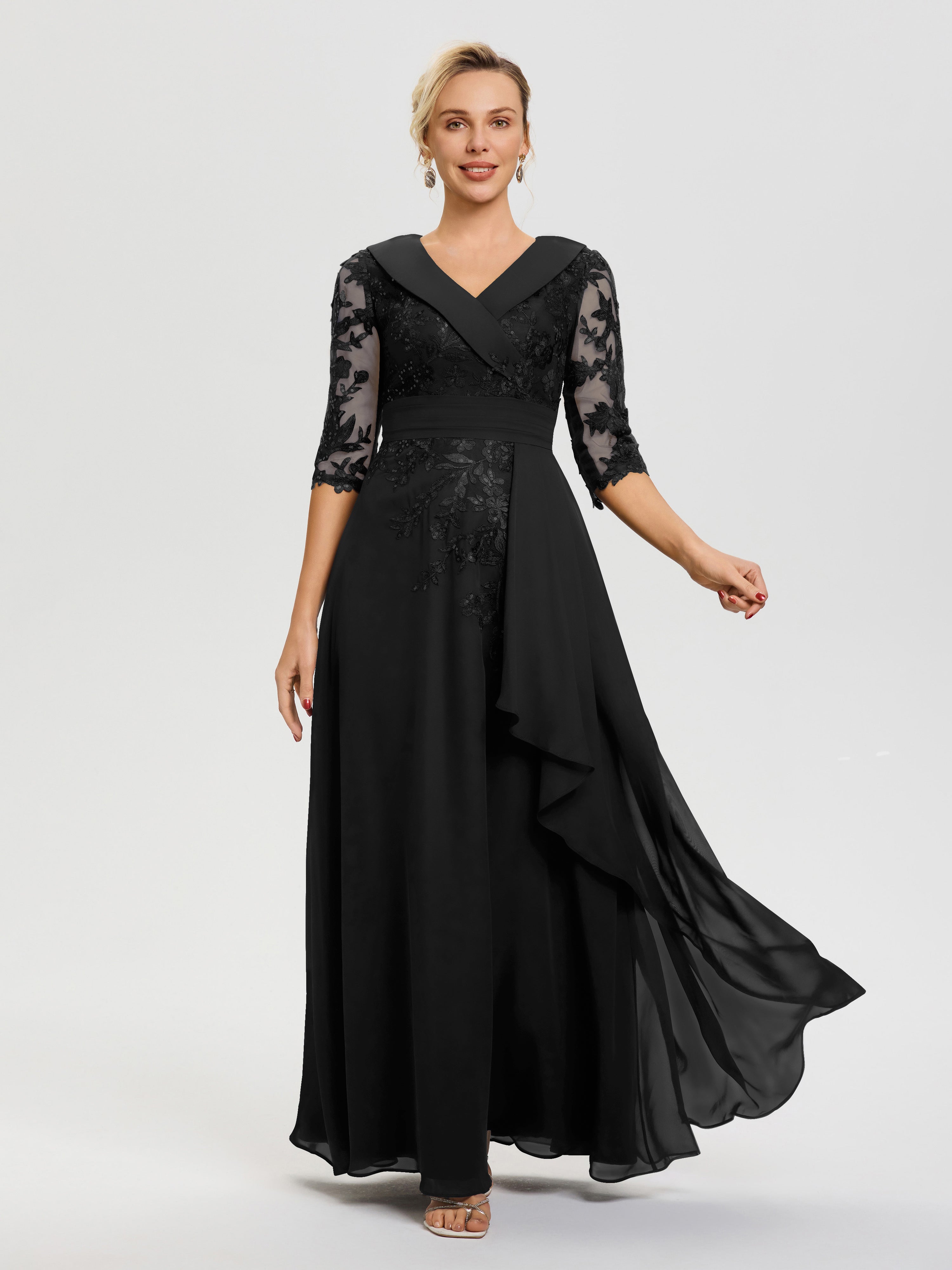 Robe Cérémonie Mère De La Mariée Noir Col V Mousseline&Dentelle Robe Cérémonie Mère De La Mariée