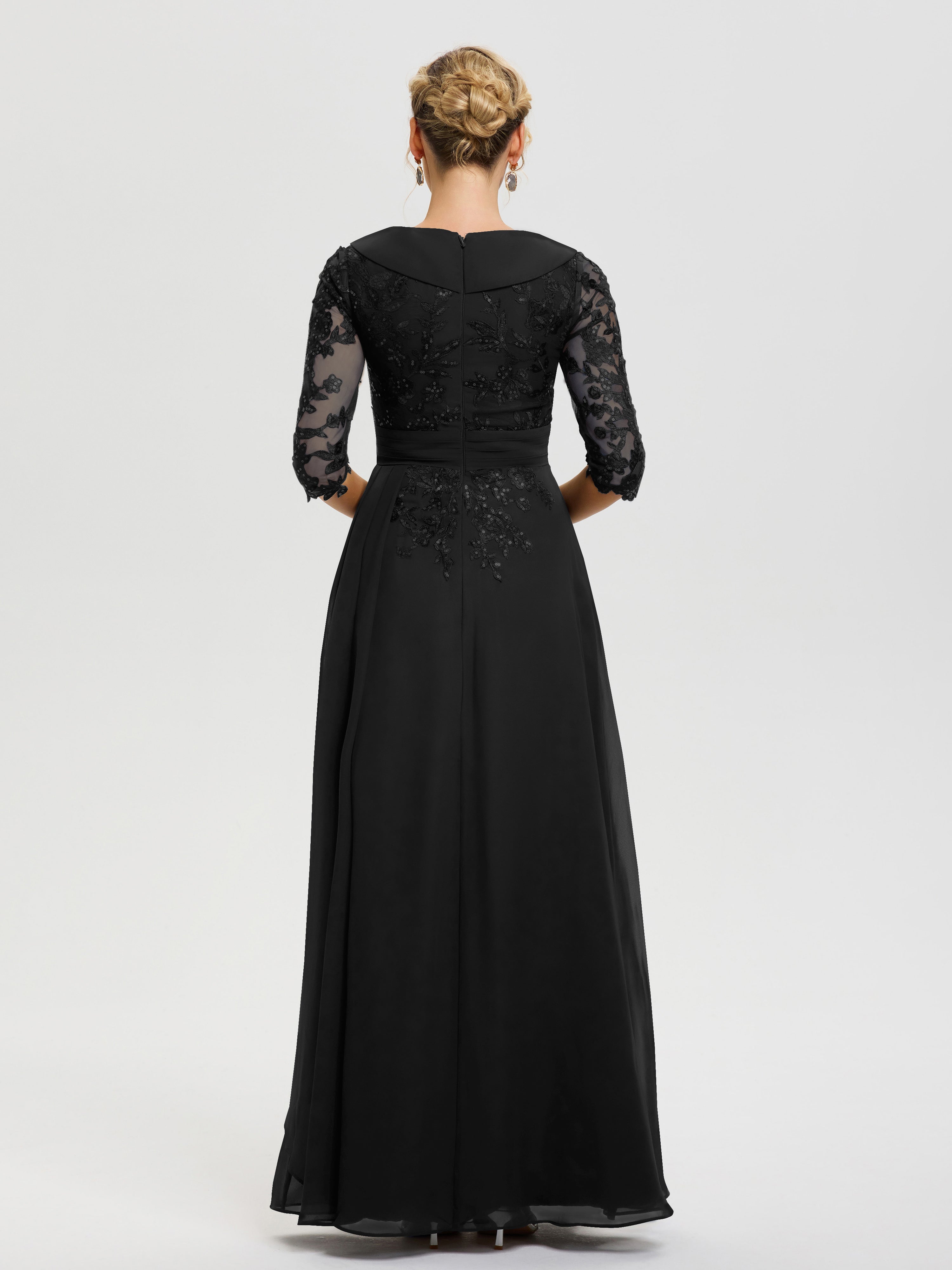 Robe Cérémonie Mère De La Mariée Noir Col V Mousseline&Dentelle Robe Cérémonie Mère De La Mariée
