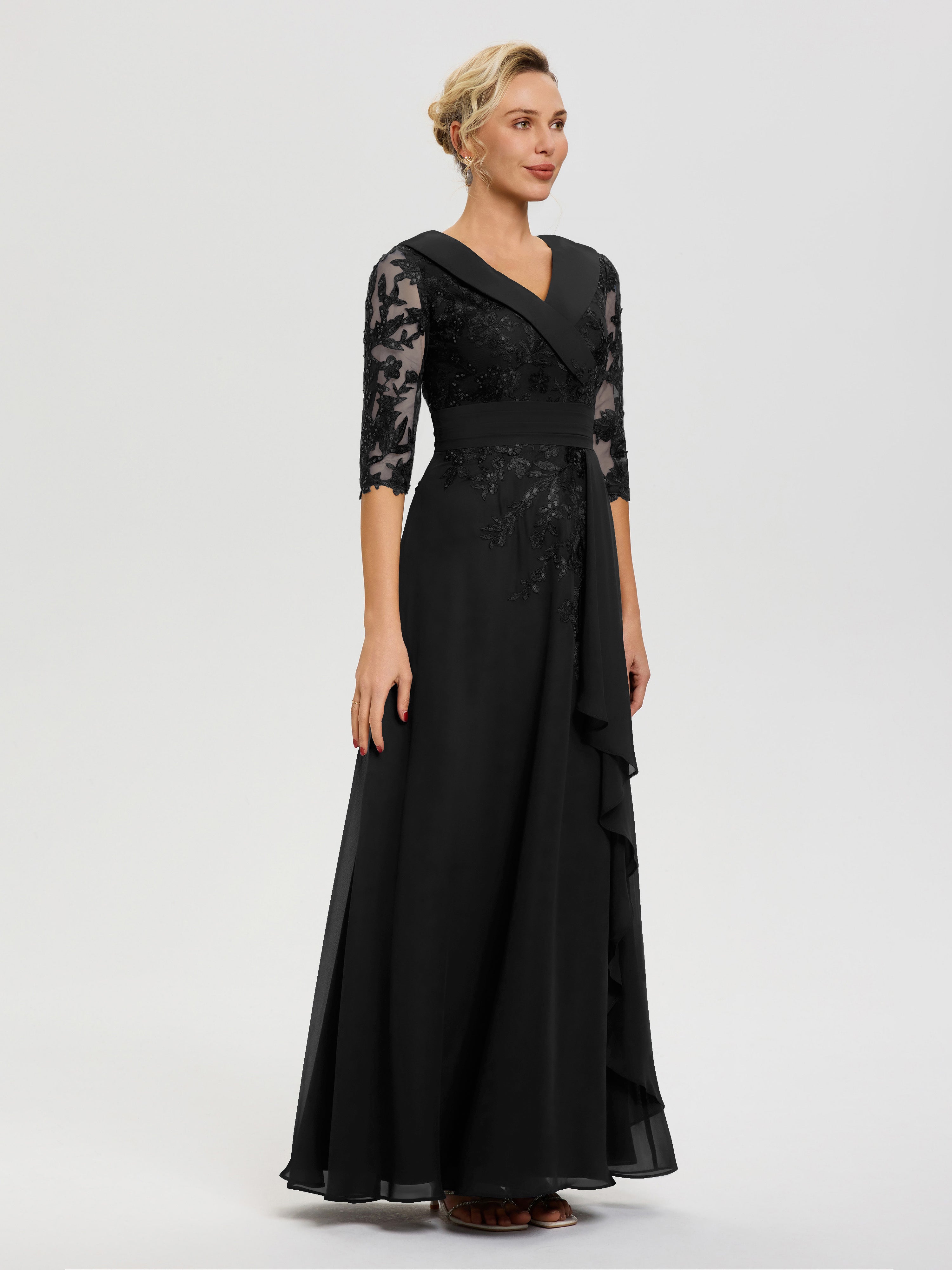 Robe Cérémonie Mère De La Mariée Noir Col V Mousseline&Dentelle Robe Cérémonie Mère De La Mariée