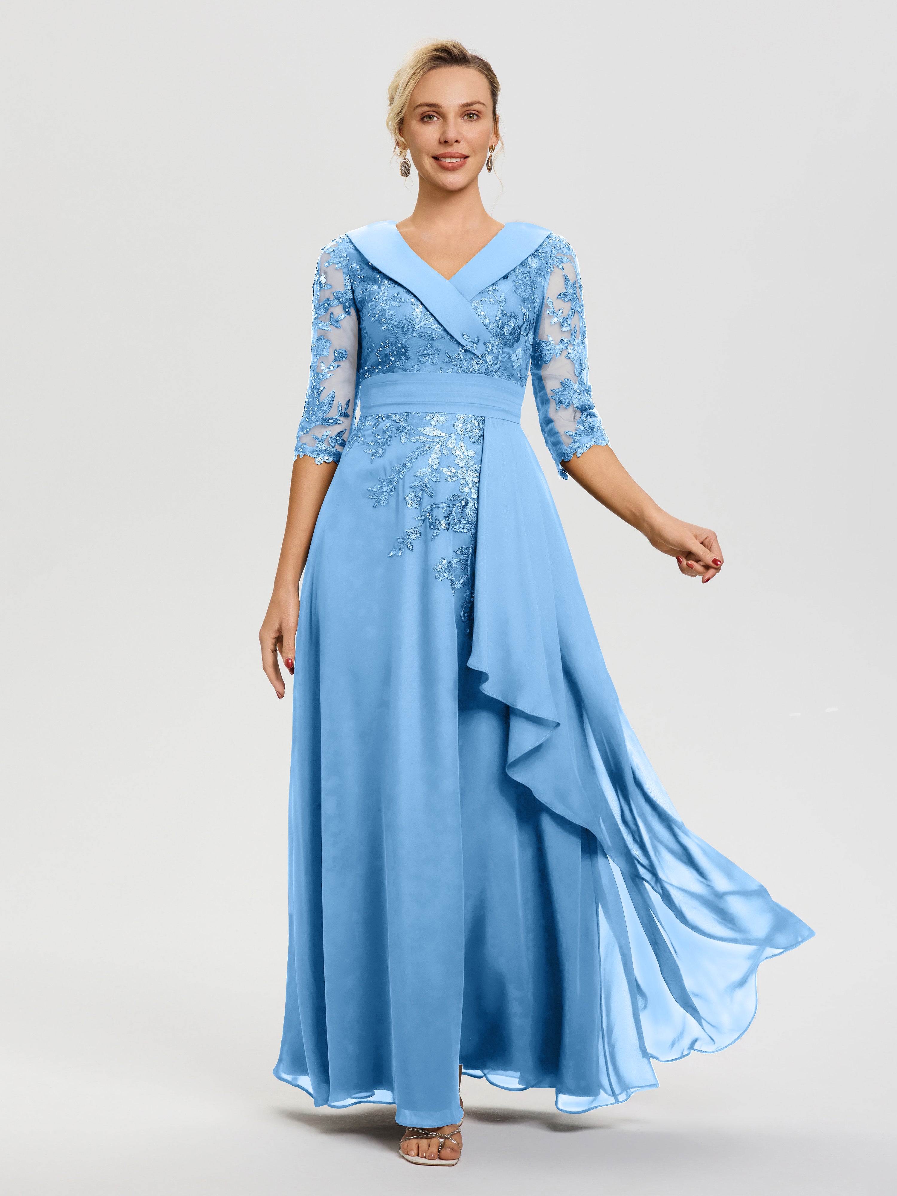 Robe Mère Mariée Bleu Col V Mousseline&Dentelle Robe Cérémonie Mère De La Mariée