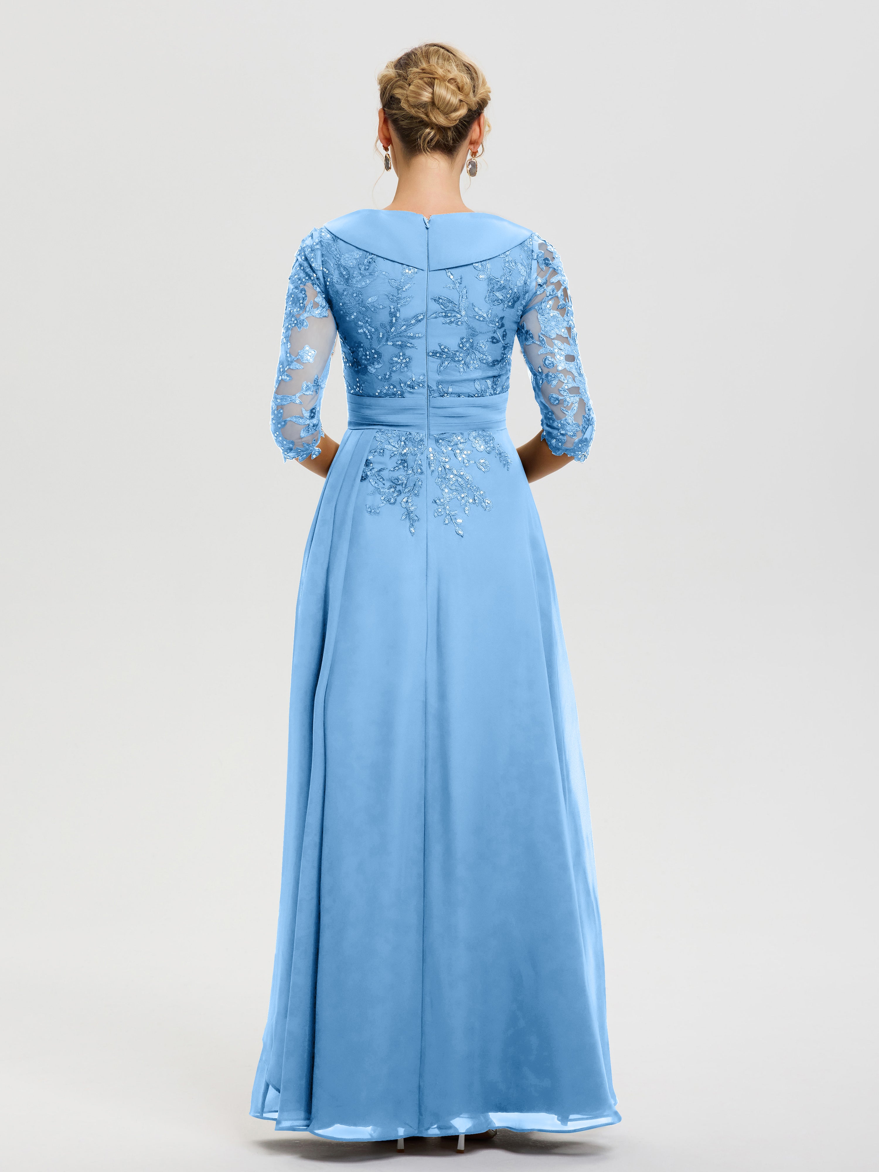 Robe Mère Mariée Bleu Col V Mousseline&Dentelle Robe Cérémonie Mère De La Mariée