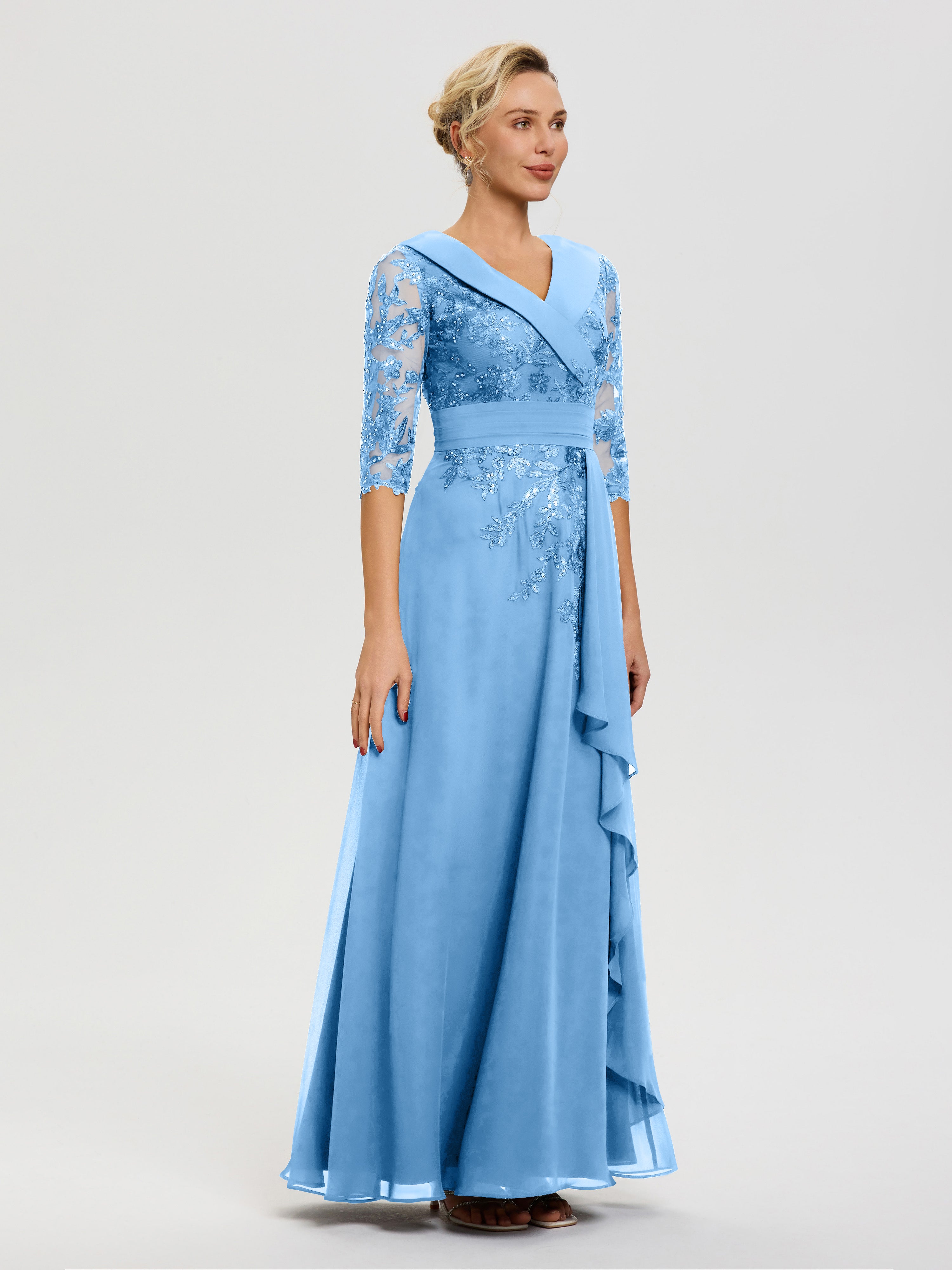 Robe Mère Mariée Bleu Col V Mousseline&Dentelle Robe Cérémonie Mère De La Mariée