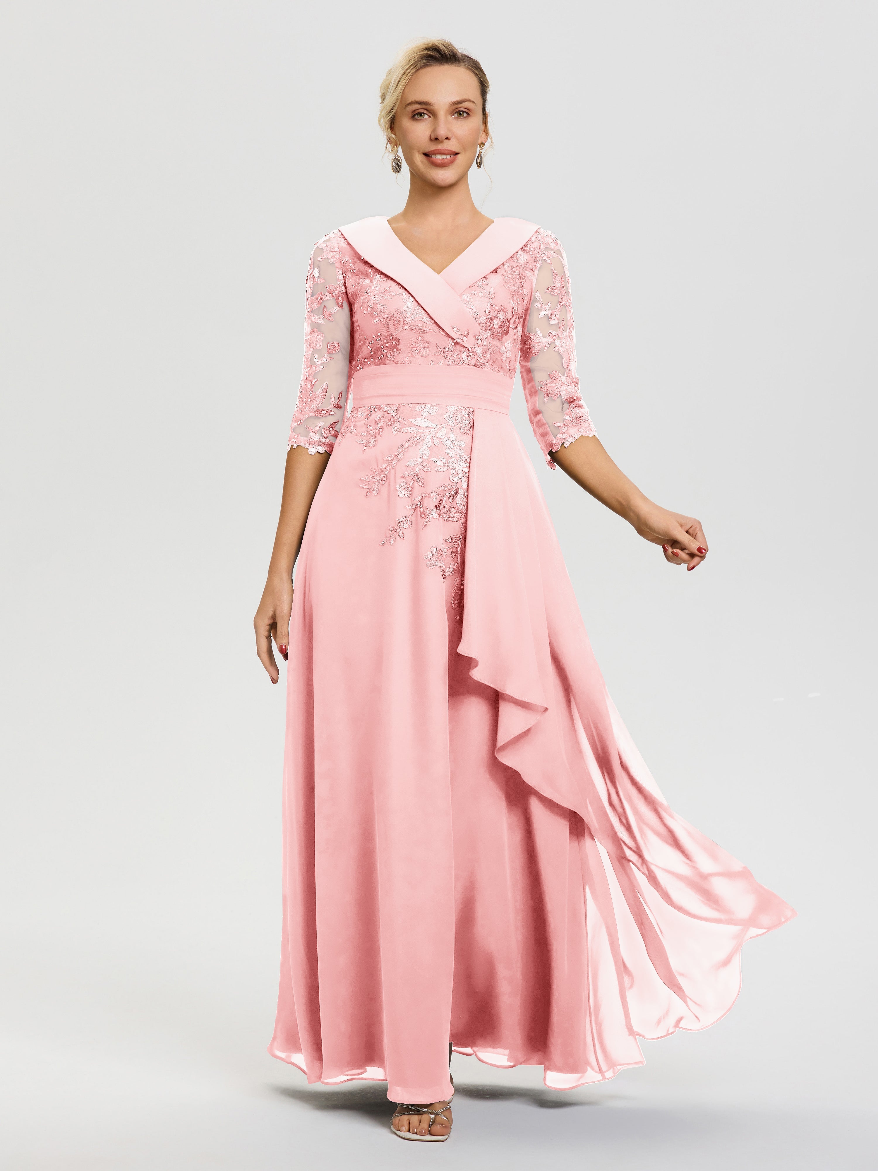 Robe Mere De La Mariee Rose Col V Mousseline&Dentelle Robe Cérémonie Mère De La Mariée