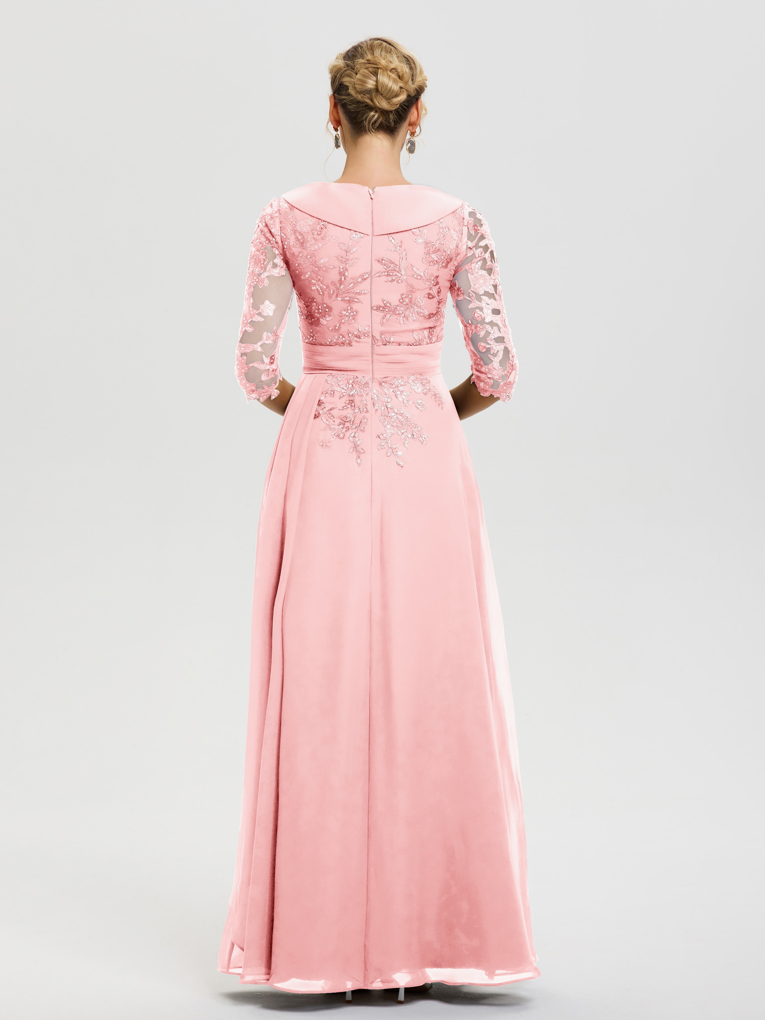 Robe Mere De La Mariee Rose Col V Mousseline&Dentelle Robe Cérémonie Mère De La Mariée