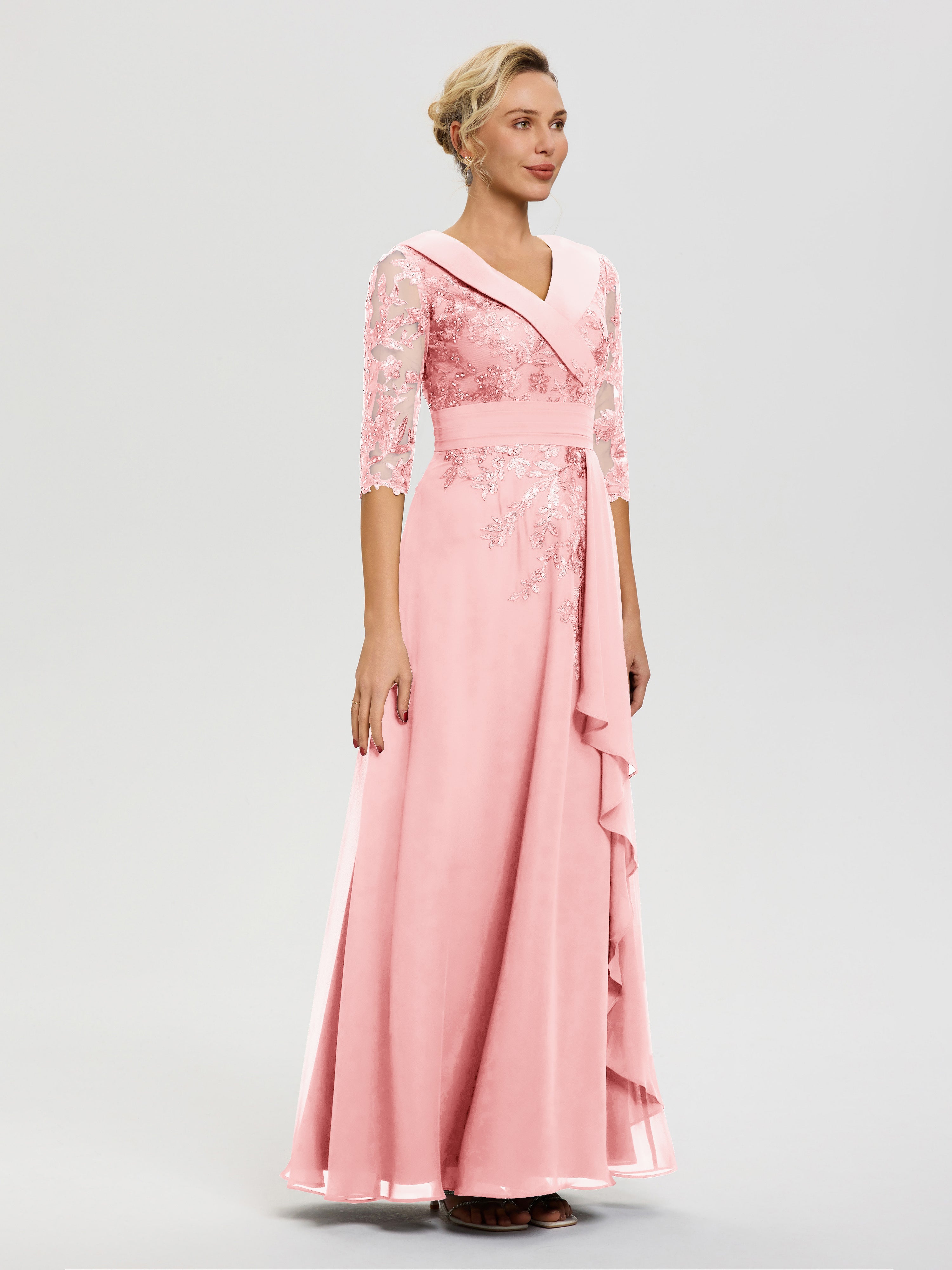 Robe Mere De La Mariee Rose Col V Mousseline&Dentelle Robe Cérémonie Mère De La Mariée