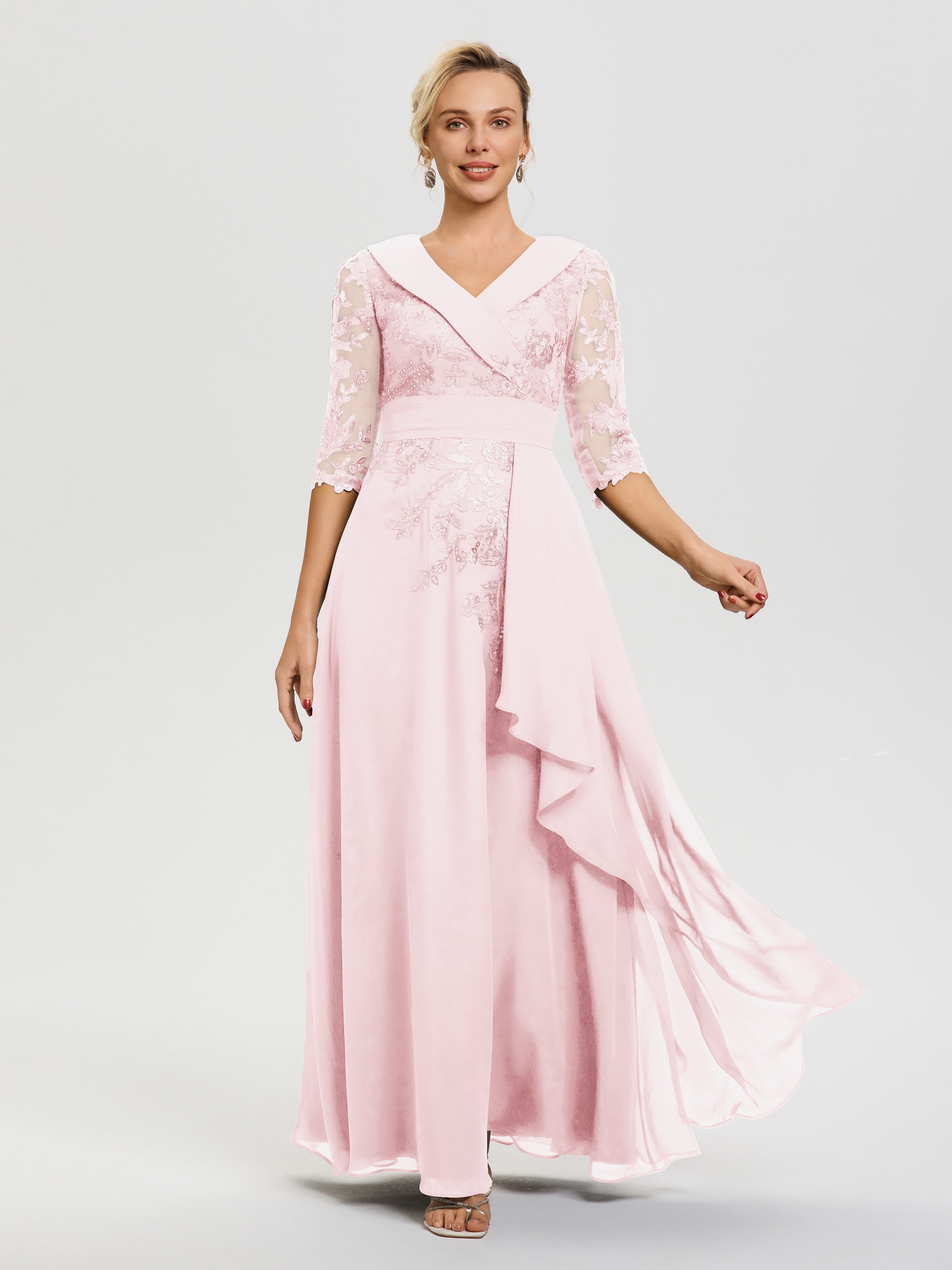 Robe Cérémonie Mère De La Mariée Rose Pale Col V Mousseline&Dentelle Robe Cérémonie Mère De La Mariée